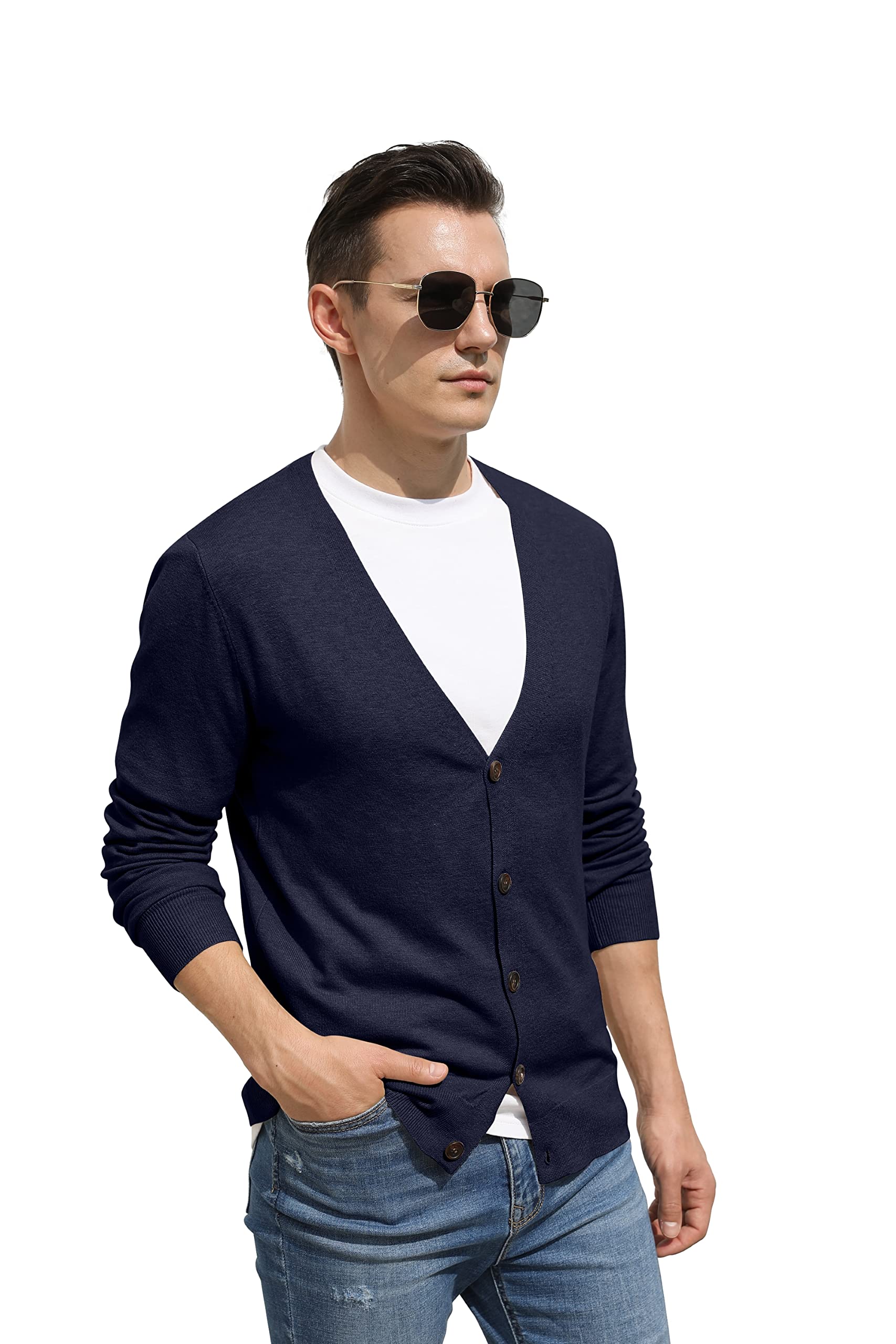 Hisir Men's Knit Cardigans Jumpers Lightweight Classic Soft Wool V Neck Cardigan with Buttons, Long Sleeve Knitwear Pullover Sweaters for Men, Mens Gift