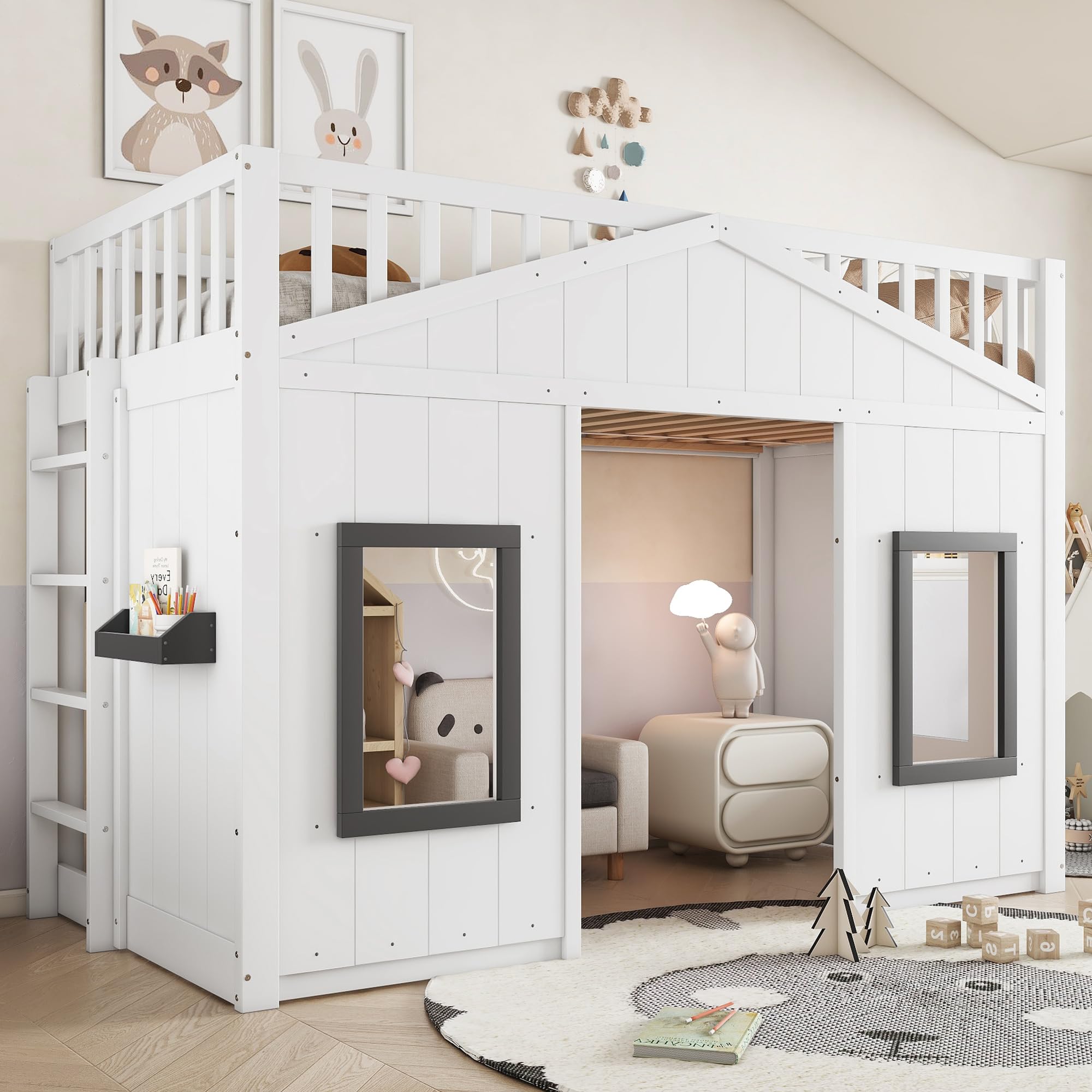 Moimhear Kinderbed, 90 x 200 cm, eenpersoonsbed, met laden, boekenkast en opbergkast, bedlade met opbergruimte, zonder matras, wit