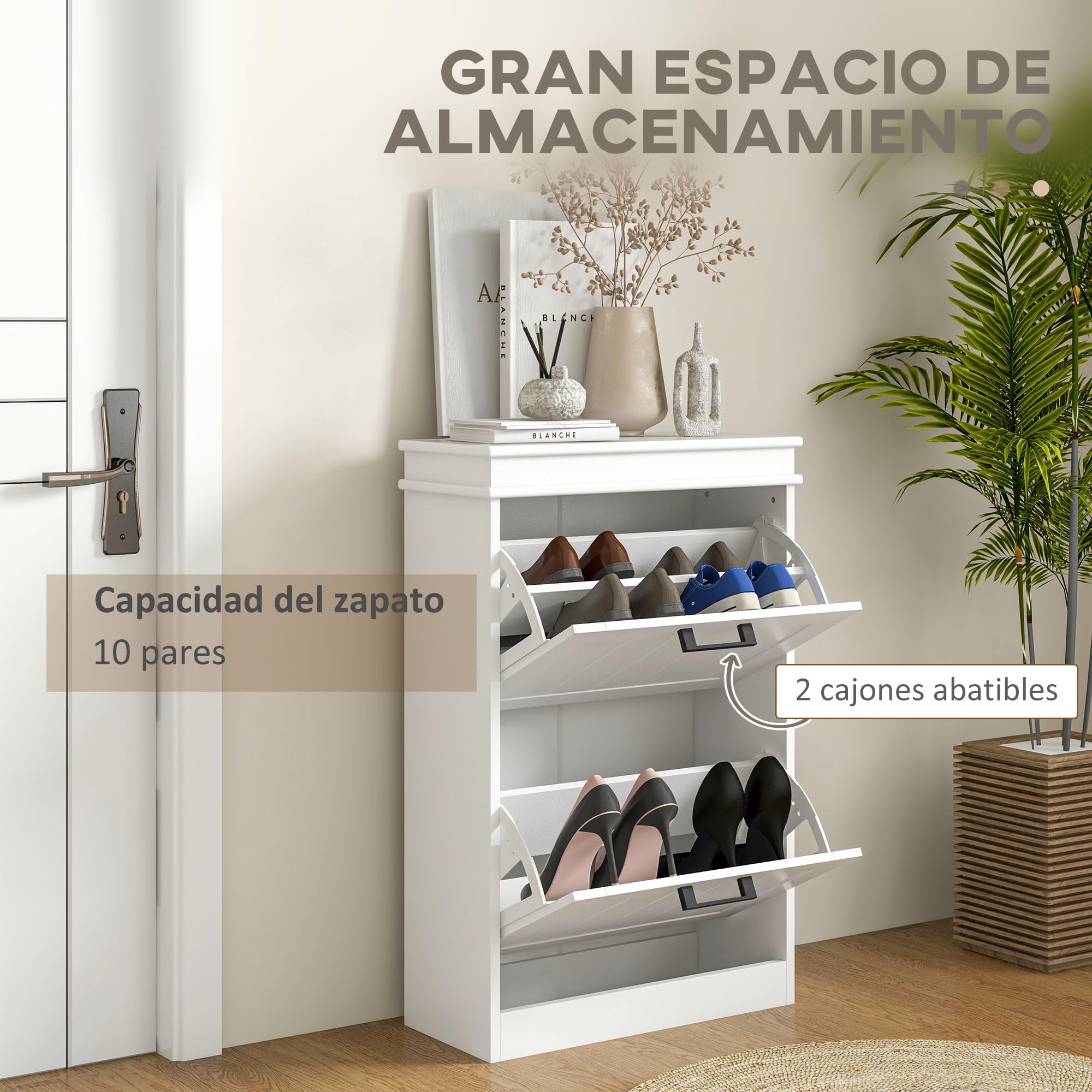 HOMCOM Zapatero Estrecho de 24 cm con 2 Puertas Abatibles Recibidor Blanco | Mueble Zapatero Entrada, Estantes Ajustables, para 6-10 Pares de Zapatos, para Pasillo, Espacios Reducidos
