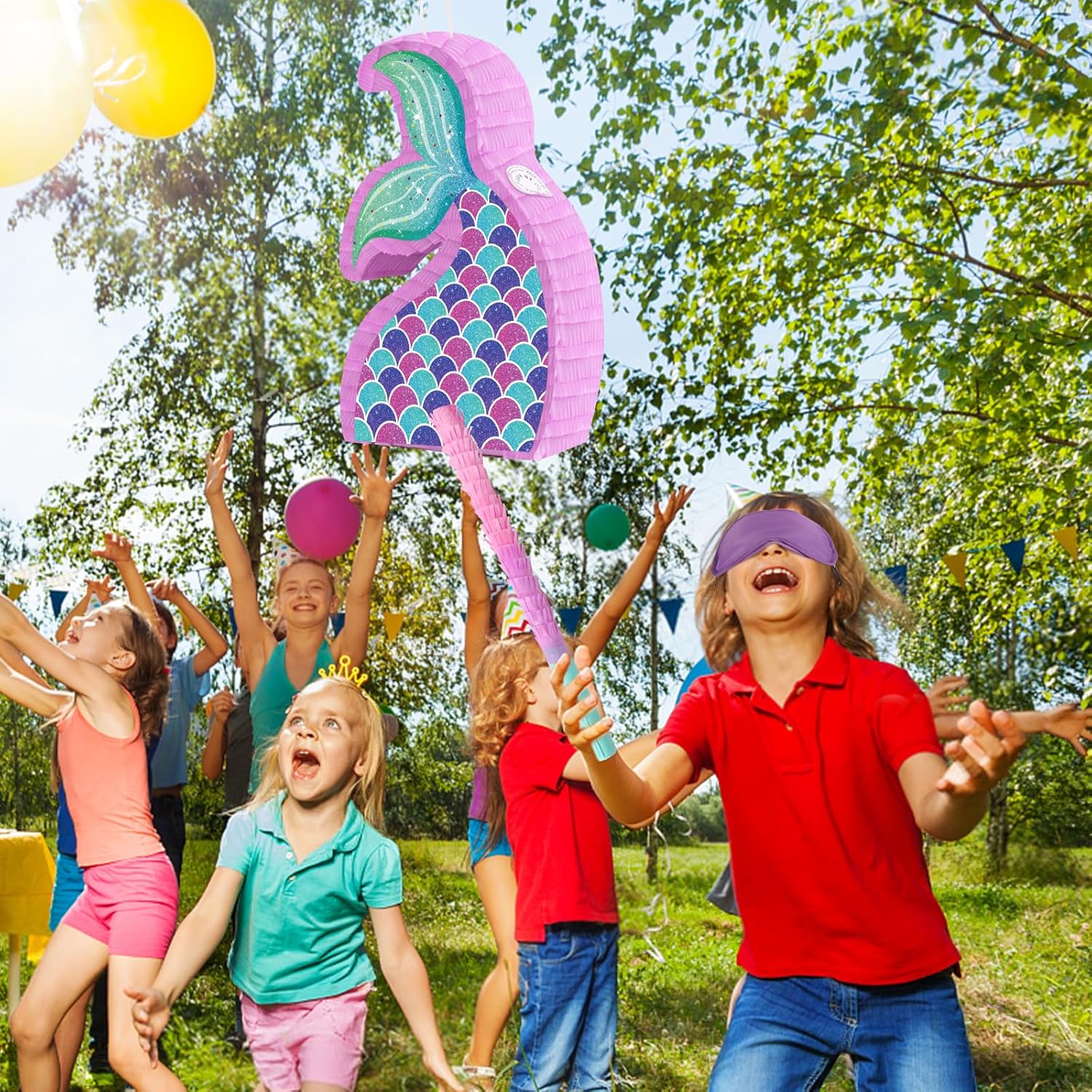 Mermaid Tail Pinata with Stick and Blindfold Mermaid Pinata for Girls Kids Birthday Party Decorations Under The Sea Ocean Theme Party Game Supplies