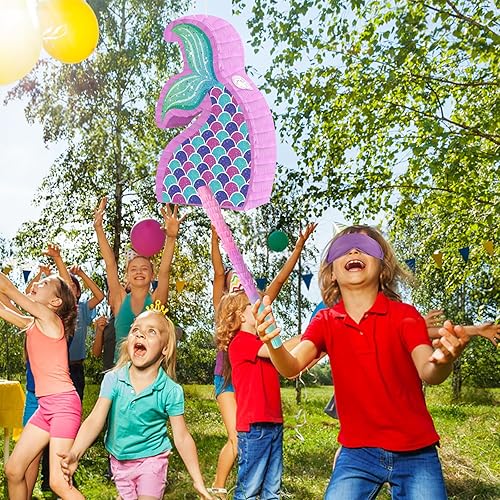 Miniatura 7 de Piñata de sirena para decoraciones de fiesta de cumpleaños, juegos de fiesta de sirena con los ojos vendados y murciélagos, suministros de fiesta de