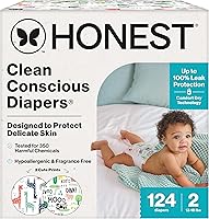 Vista 24 de The Honest Company Clean Conscious - Pañales para pieles sensibles, hasta un 100% a prueba de fugas, hipoalergénicos, estampados neutros, caja Super