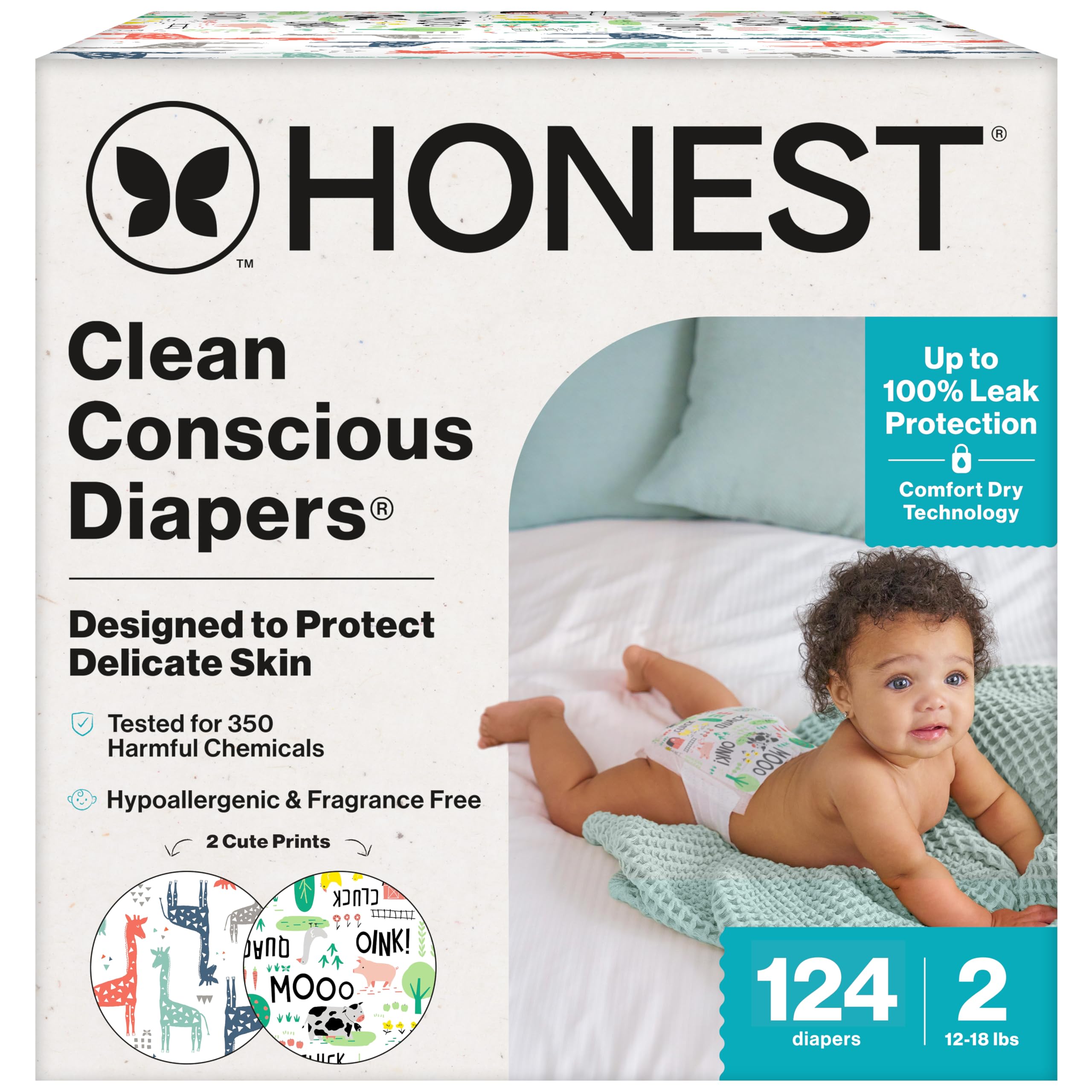 The Honest Company Clean Conscious Diapers for Delicate Skin | Up to 100% Leakproof | Hypoallergenic, Fragrance Free | Gender Neutral | Super Club Box, Size 2 (12-18 lbs), 124 Count (Prints May Vary)