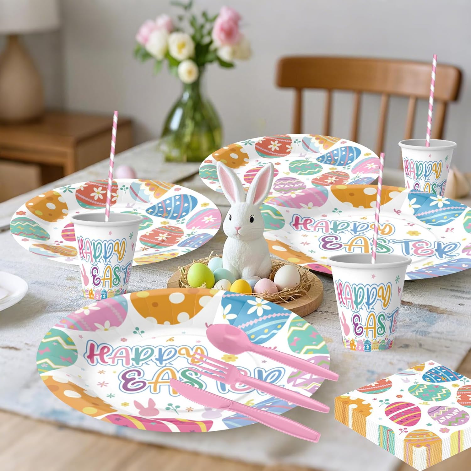 200PCS Easter Plates and Napkins Tableware Set, Easter Eggs Designed Disposable Dinnerware with Paper Plates, Napkins,Paper Cups,knives,Forks,Spoons and Straws for Party Supplies- Serves 25