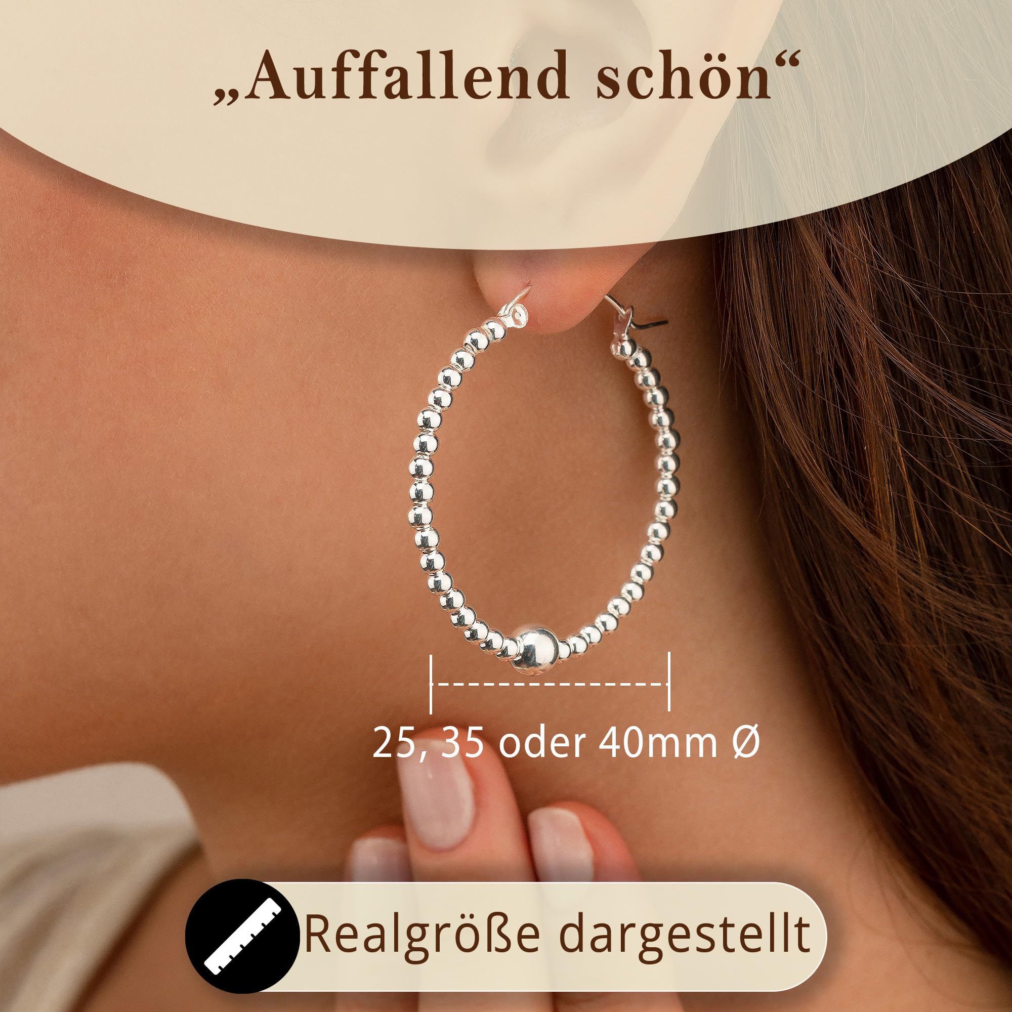 Cassini Ohrringe aus 925 Sterling Silber – 25, 35 oder 40mm große Creolen für Damen mit Klappverschluss, Hochglanzpoliert mit kleinen & großer Kugel.nickelfrei & antiallergisch 3CSB