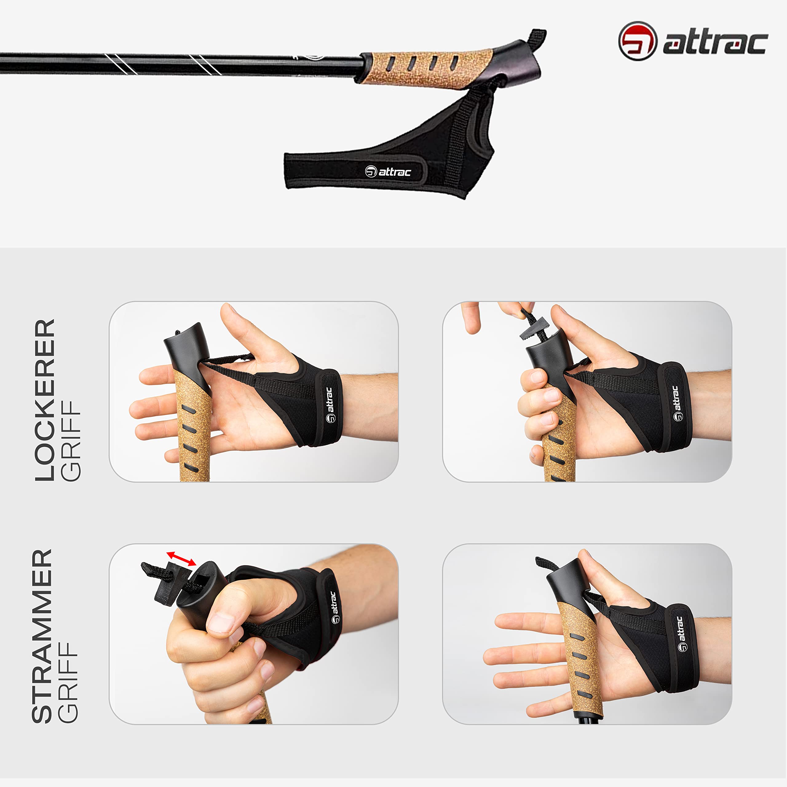 Attrac Nordic Walking Classic Wanderstöcke 69-136cm versch. Farben - Trekkingstöcke Aluminium Stöcke mit Anti-Shock Dämpfung - Teleskop verstellbar und leicht mit Workout und App I Opt. Tragetasche