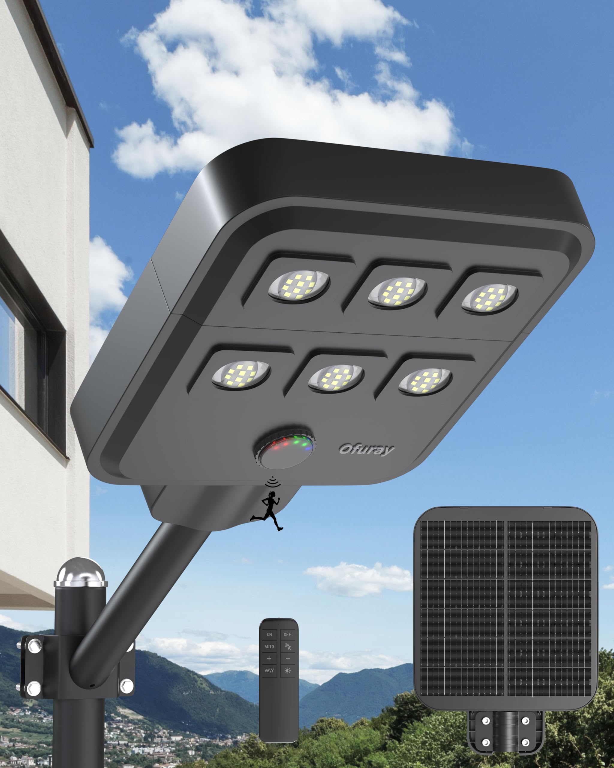 Ofuray Of-5000W Solar Street Lights Outdoor, 60LED, 18,000mAh Solar Light with Motion Sensor, Dusk to Dawn, IP67 Waterproof Security Flood Lights for Garage, Yard, Garden