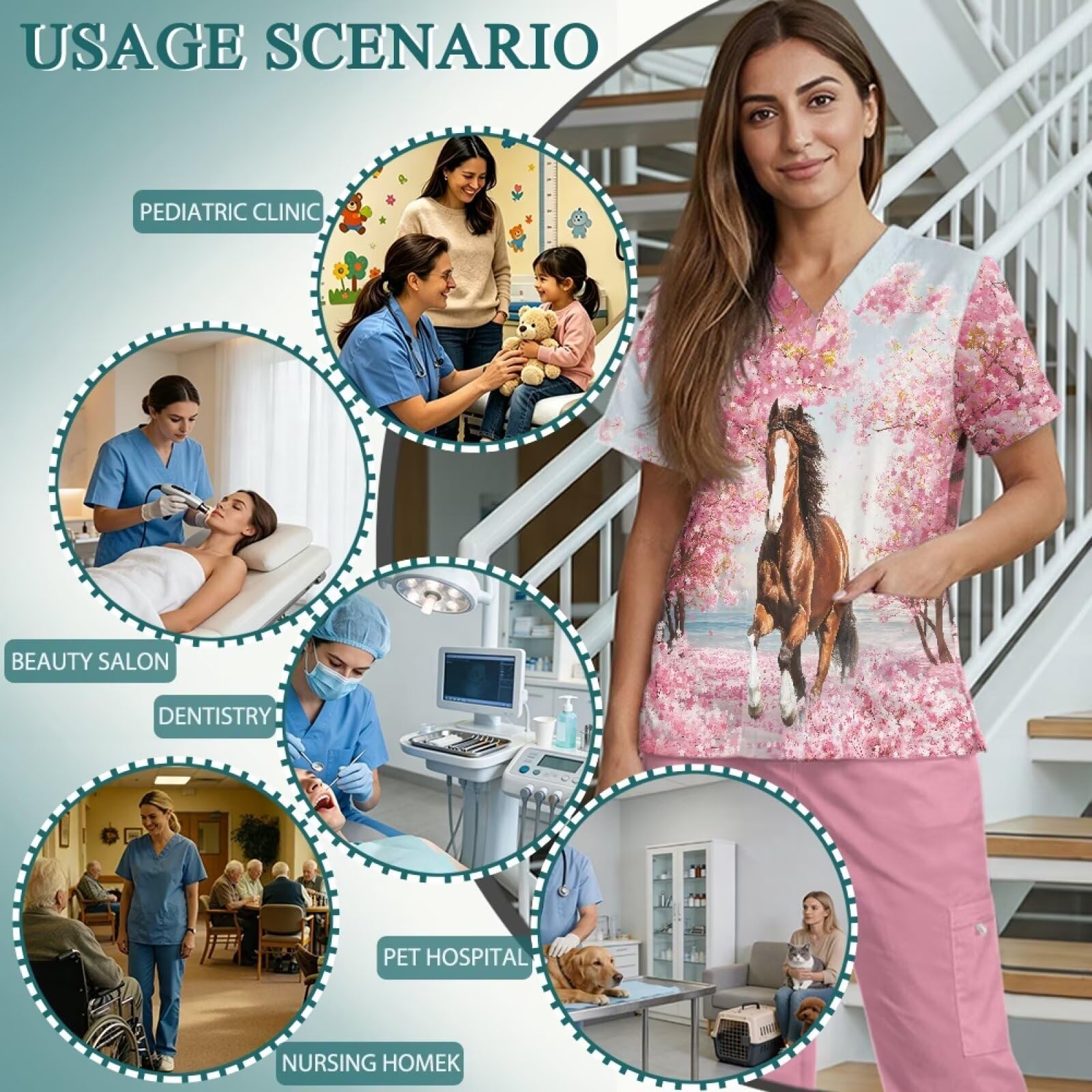 Set di scrub per cavalli da donna, comodi scrub medici per operatori sanitari, a bassa manutenzione e resistenti alle pieghe, rosa