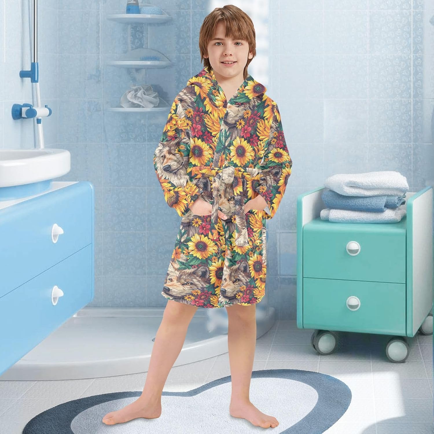 senya Sunflowers Wolfs Face Toddler Hooded Bathrobe Kids Soft Plush Bath Towel Robes for Boys Girls 2-12 Years