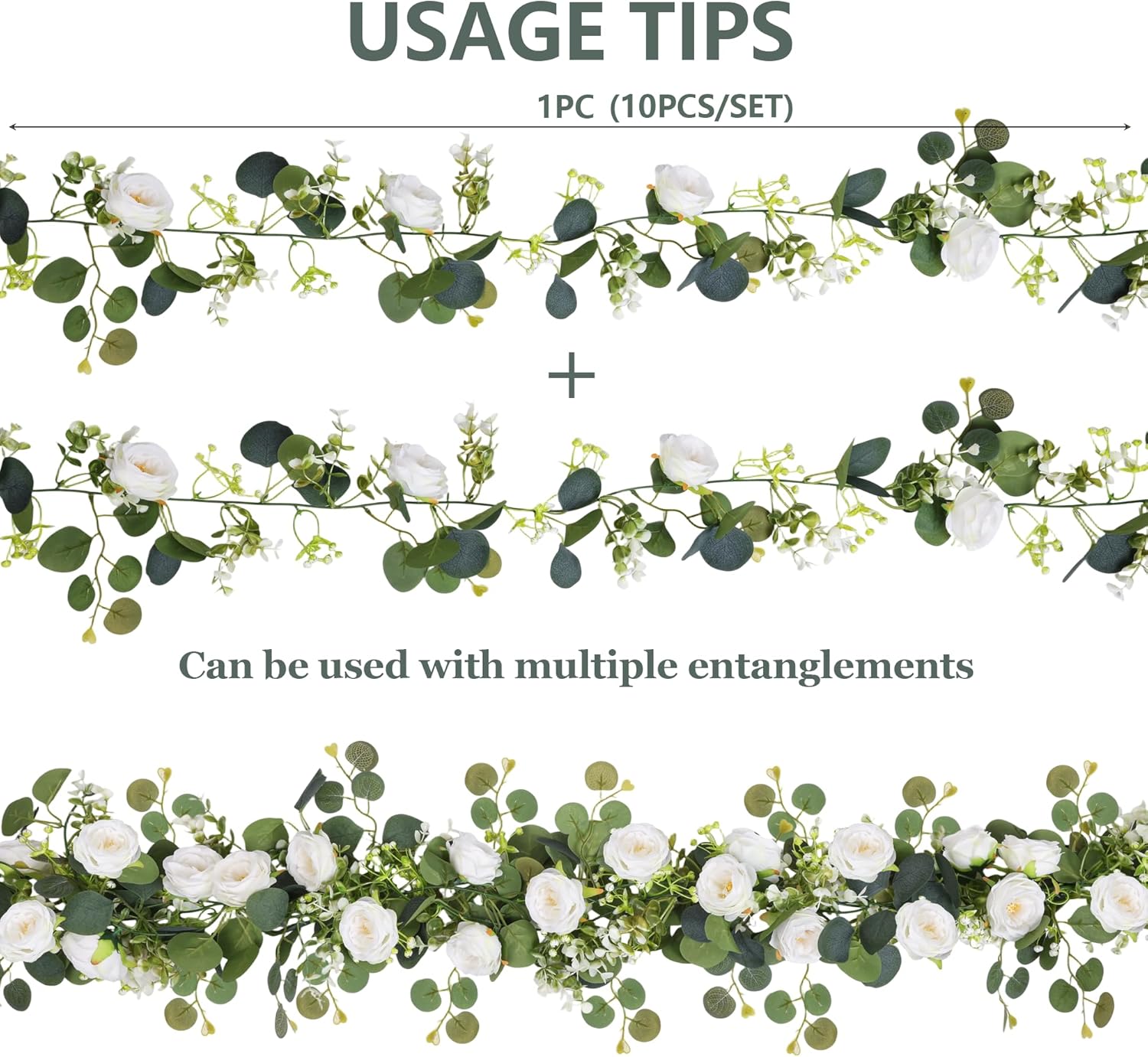 Nihaoya 10 Pcs Artificial Garlands with Fake Flowers-6 Roses, Artificial Vines for Wedding Decorations,Table Centerpieces, Home, Party Arch Decor