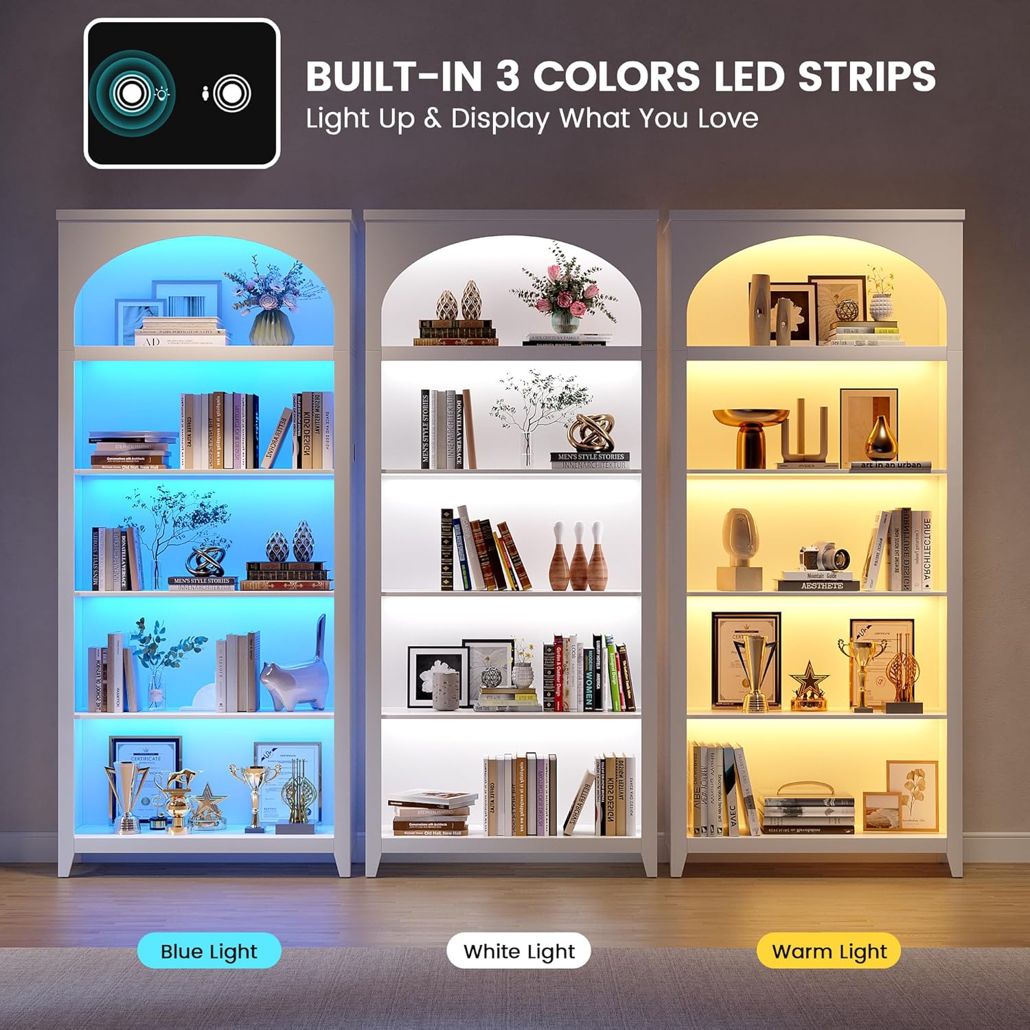 70" Tall Bookshelf with LED Lights, 5-Tier Modern Farmhouse Wood Bookcase with Arched Design, Sturdy Standing Shelf for Living Room, Bedroom, Office Library, White
