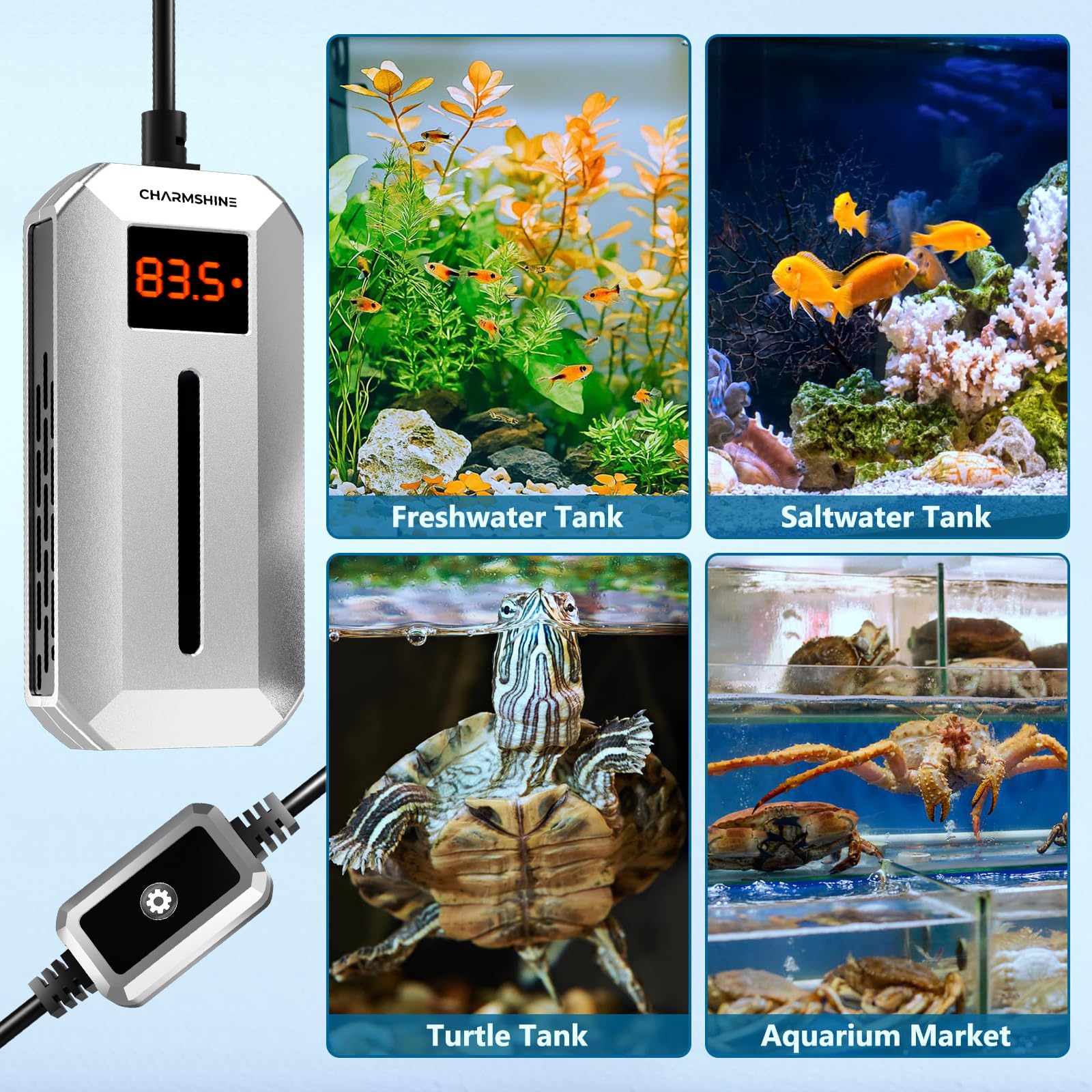 Calentador de acuario de 100 W, calentador de agua sumergible con pantalla digital LED, calentador de agua para tanques de tortugas de agua dulce y salada de 10 a 20 galones