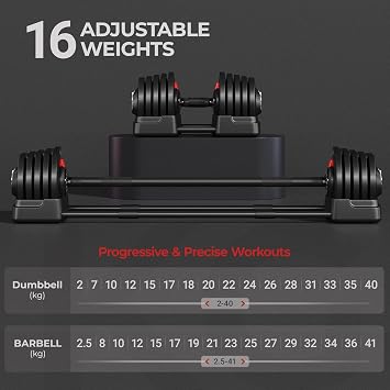 Yaheetech Adjustable Dumbbell & Barbell, Quick-Adjust Dumbbells Black & Red | Free Weights, Quick-Adjust Weights, Anti-Slip Handle and Space-Saving, Home Gym Office Workout Full Body Strength Training