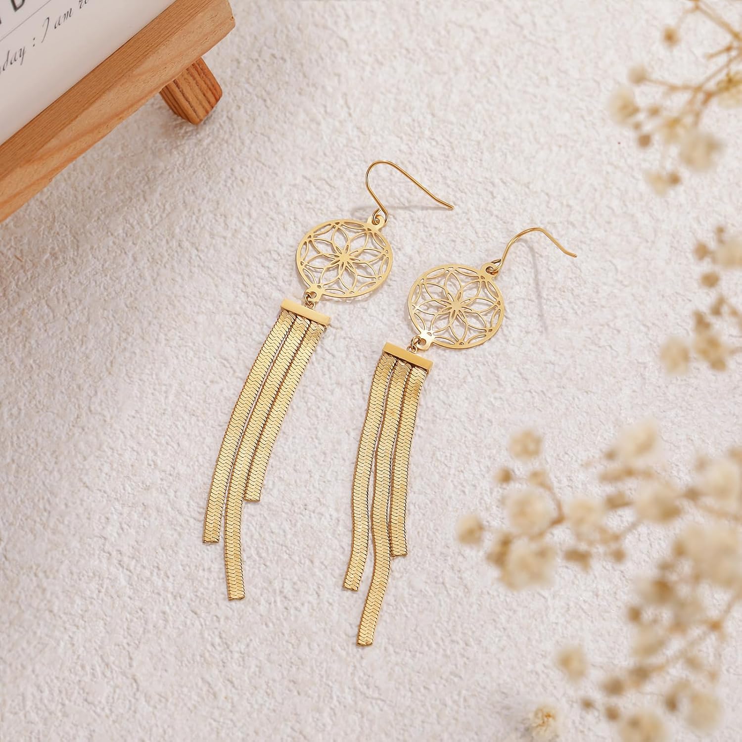 Tassel Drop Earrings for Women 18k Gold Plated Trendy Statement Threader Long Chain Hollow Flower Hypoallergenic Dangle Earrings - Image 3