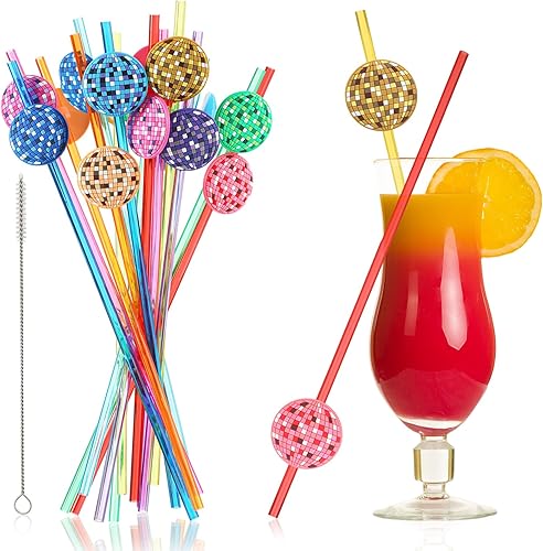 Layhit 24 popotes deslizantes de bola de discoteca, 8 diseños, reutilizables, coloridas pajitas con purpurina para mascotas con 2 cepillos de