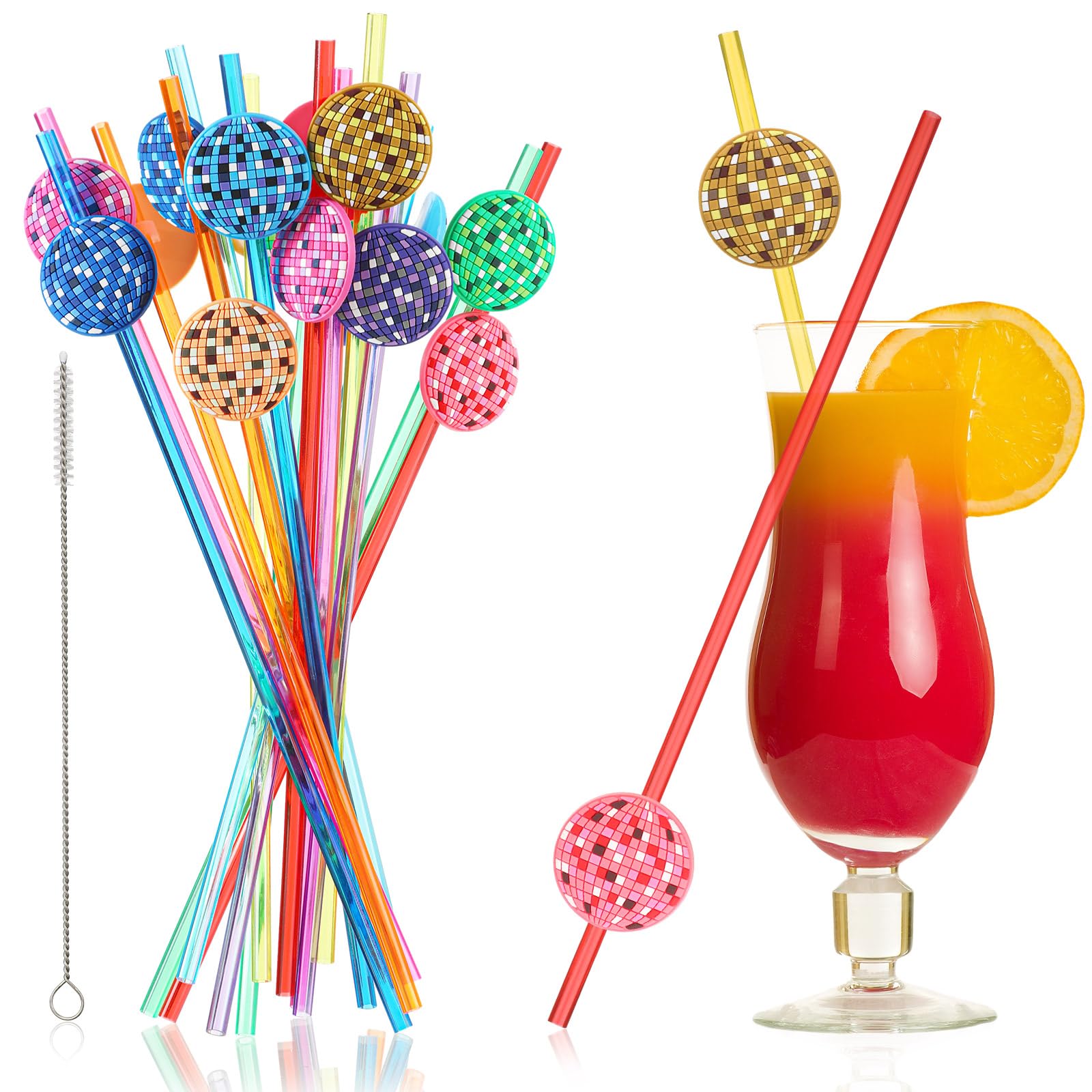 Layhit 24 Pcs Reusable Colorful Disco Ball Straws 70s Disco Party Favors Disco Party Decorations with 2 Cleaning Brushes Decorative Disco Straws Decor for Wedding Holiday Dance Birthday Supplies