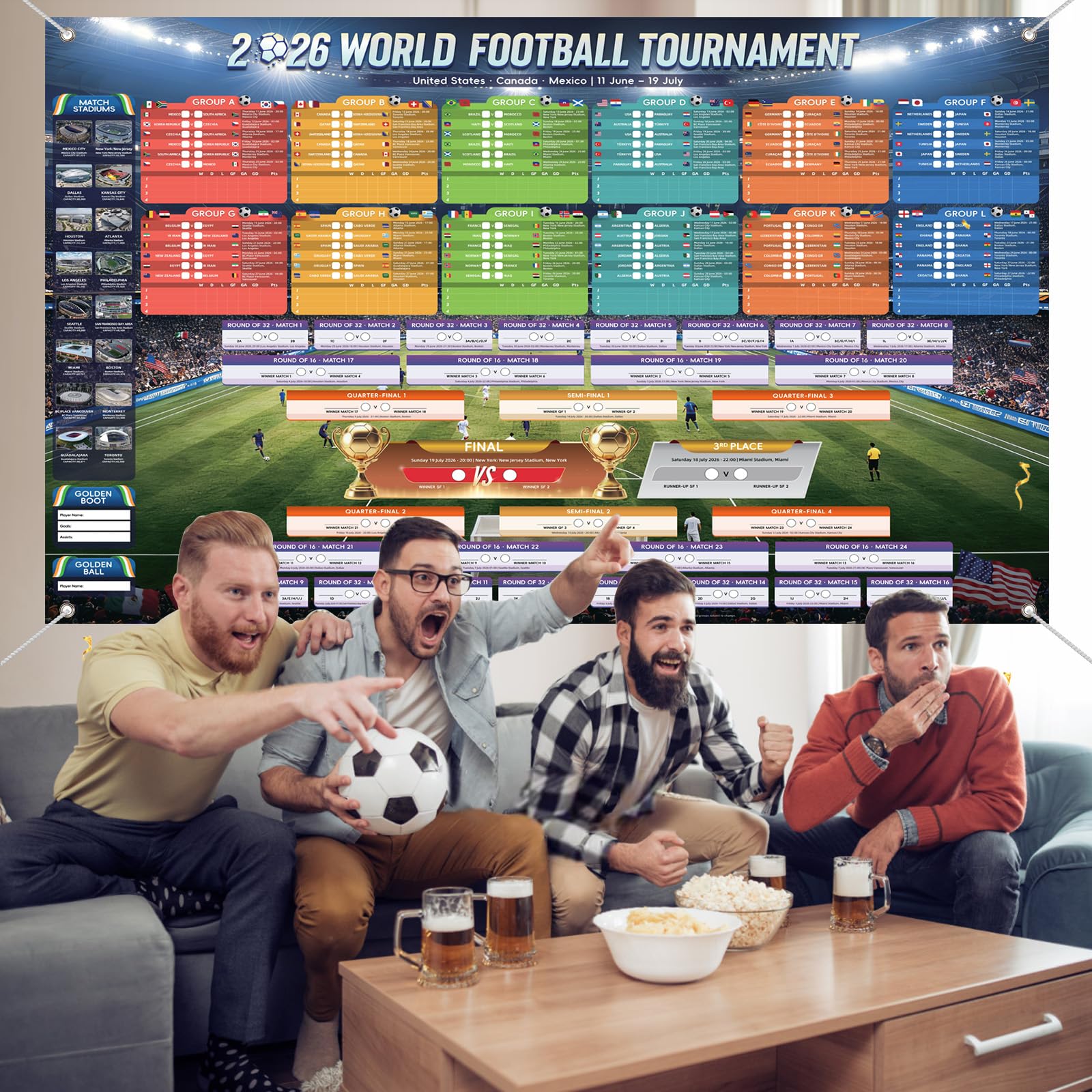 AhfuLife Grande grafico da parete in tessuto per decorazioni per feste 2026, 180 x 110 cm, include 48 squadre gruppo risultati finali calendario da parete per tifosi di calcio per interni ed esterni