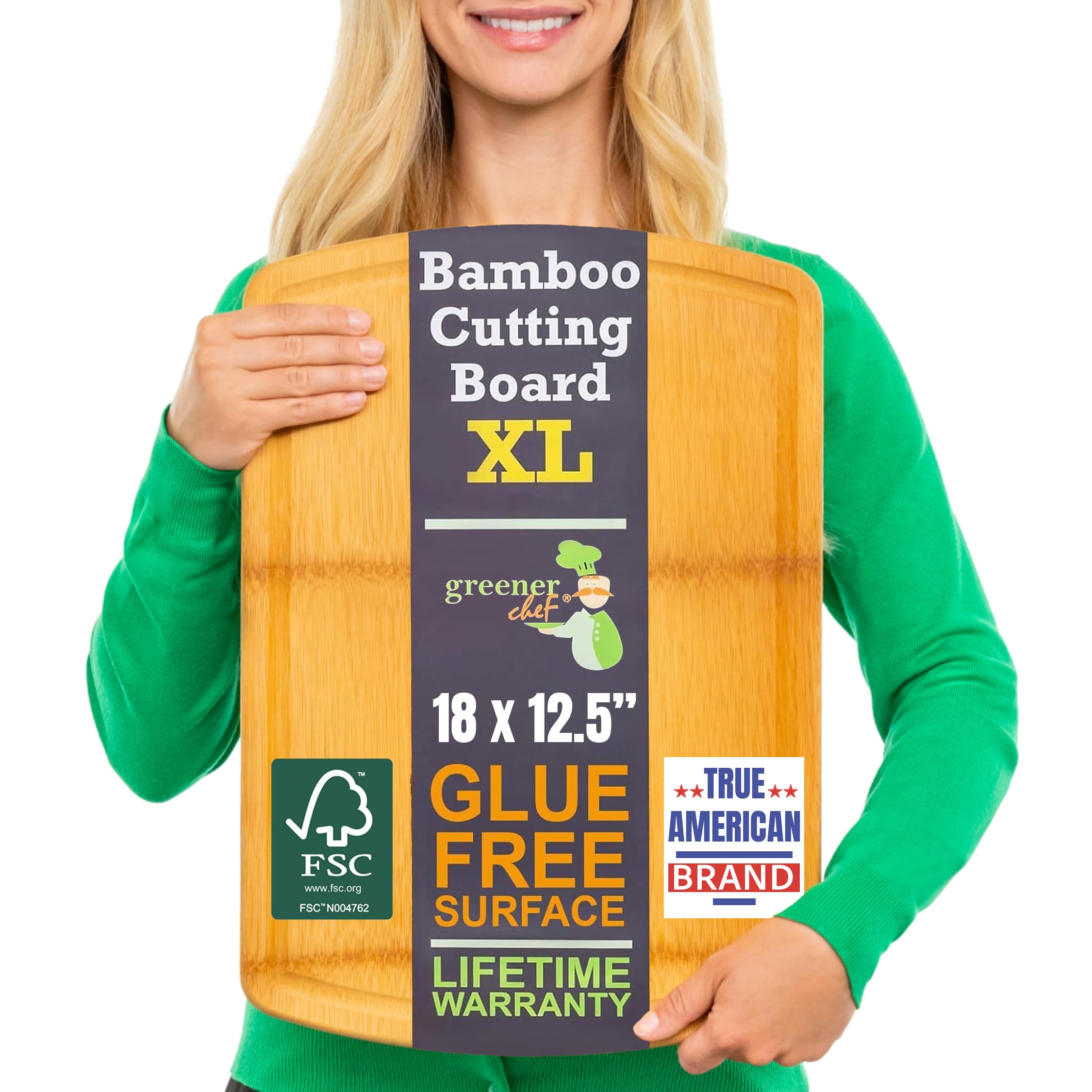 FSC-Certified Extra Large Bamboo Cutting Board Featuring 18 Inch Glue-Free Surface™ – XL, Non-Toxic Wooden Board for Family Kitchens, Butcher Block Style Food Prep with Lifetime Replacements
