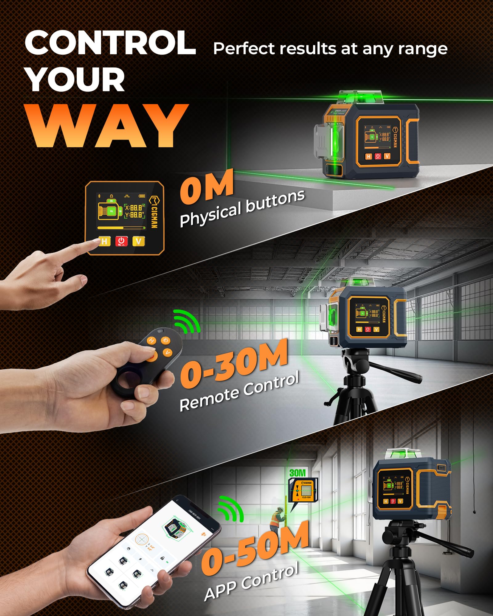 CIGMAN Niveau Laser 360 Autonivelant 3x360°, Laser Vert Chantier avec Grand Écran LCD Latéral, Contrôle APP Bluetooth, Support Magnétique en L, 2 Batteries Li-ion, Laser Niveau