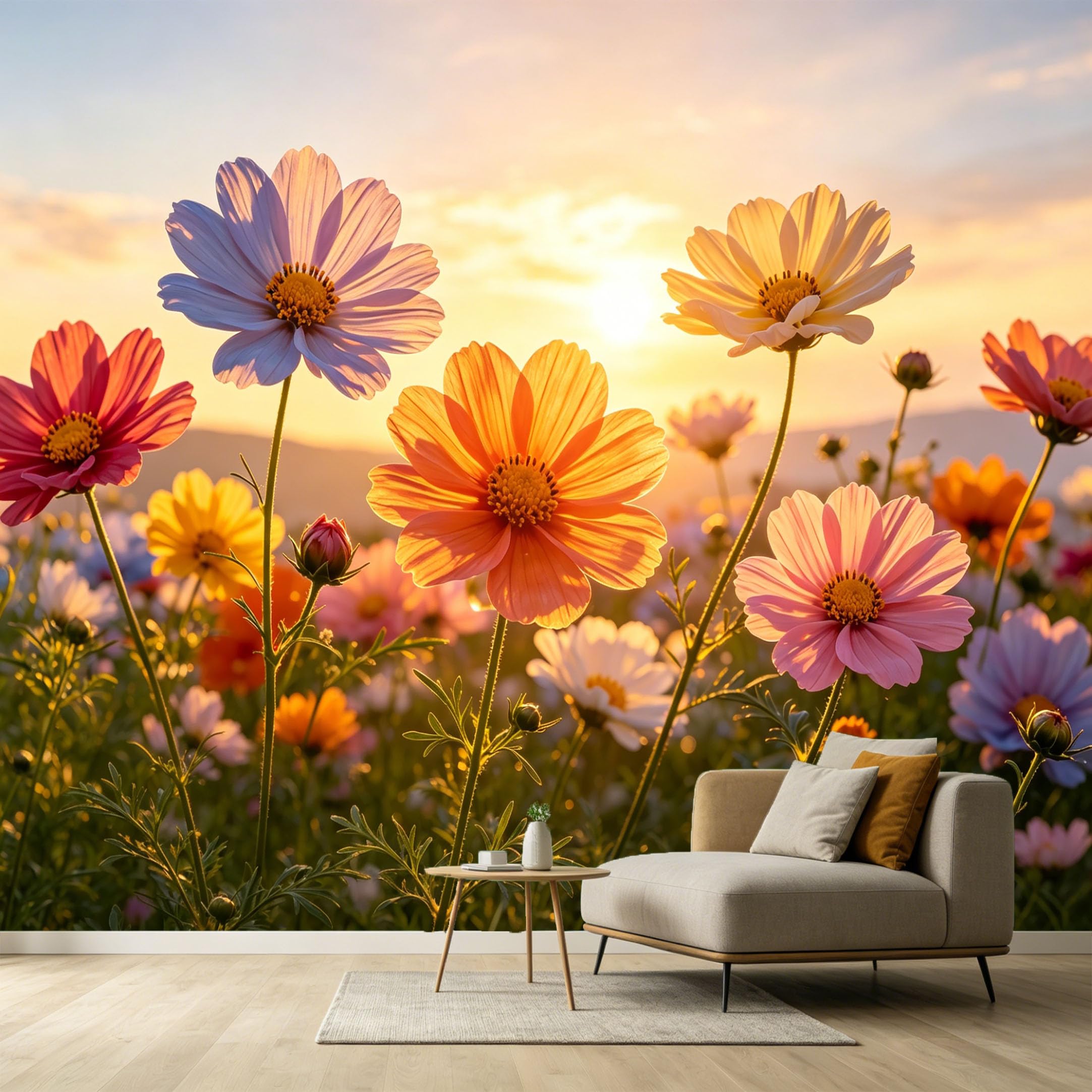 Custom Size Wall Murals Botanical Watercolor Vibrant Cosmos Flowers Sunset Meadow Scene SelfAdhesive Wall Fabric Removable Large Wallpaper for Photo Living Room