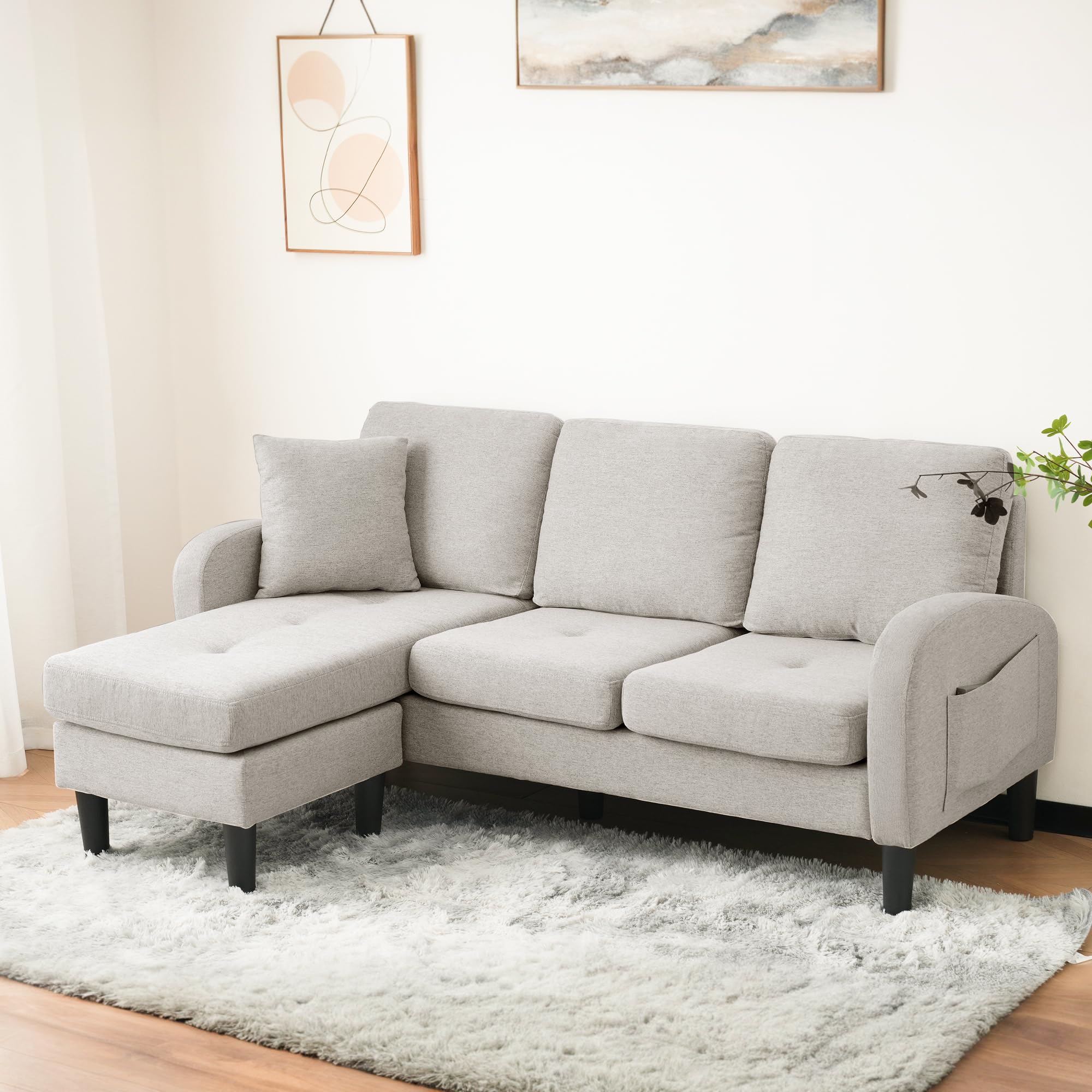 Sofá esquinero modular en forma de L, sofá cama pequeño de 3 plazas con chaise longue y reposapiés, sofá para apartamentos pequeños, gris (Beige Gray+White, 3 plazas)