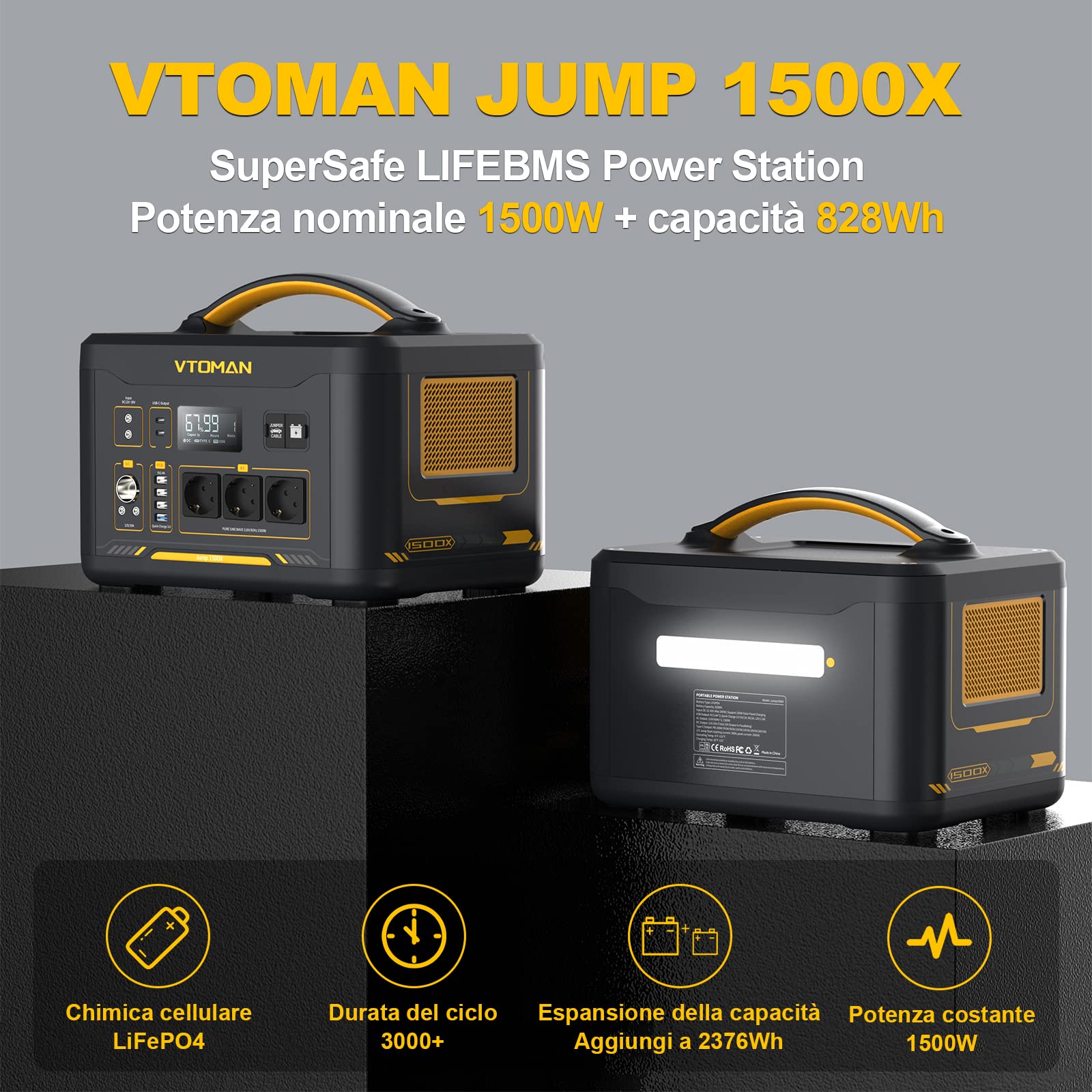 VTOMAN Jump 1500X Centrale Elettrica Portatile - 1500W/828Wh LiFePO4 Batteria Power Station Generatore Solare, Capacità Espandibile a 2376Wh, per Campeggio, Emergenza, Viaggio