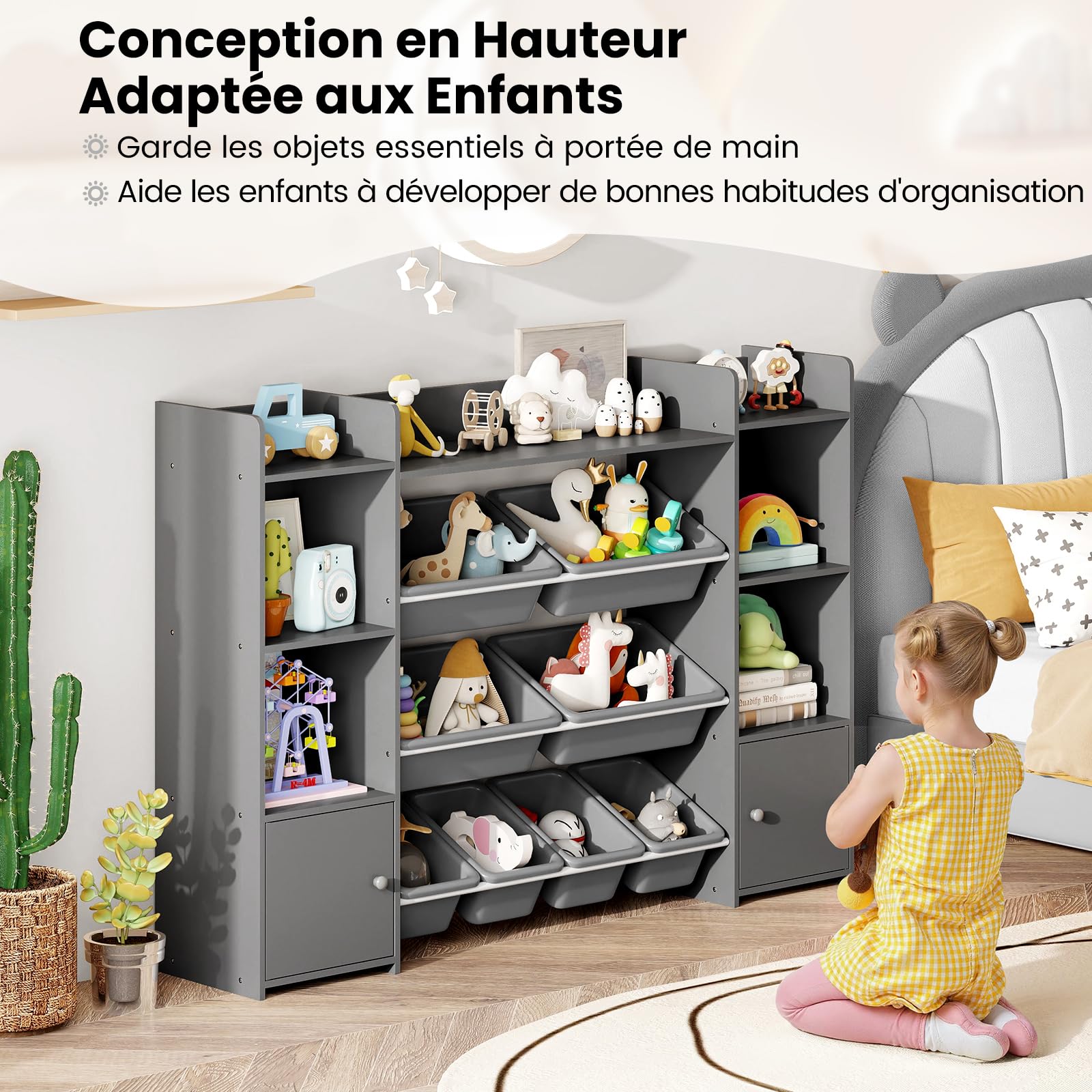 GOPLUS Meuble Rangement Jouets Enfant, Étagère à 4 Niveaux avec 6 Compartiments et 8 Bacs Amovibles, Bibliotheque Enfant pour Chambre Salon Salle de Jeu, 142x30x100cm (Gris)