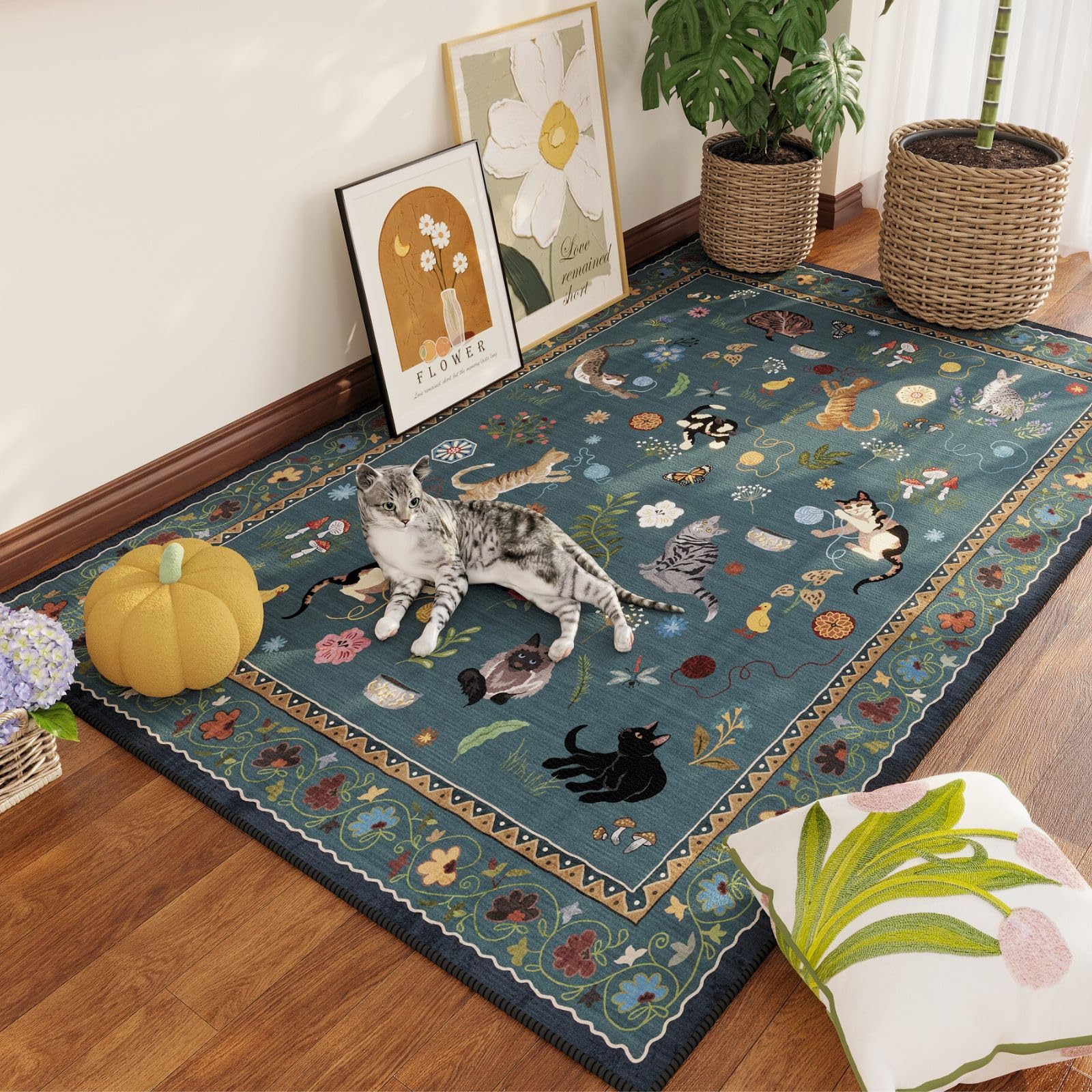Rugcomf Area Rug 4x6 Rug Washable Boho Rugs Non Slip Low Pile Floral Animal Cat Small Carpet for Bedroom Bedside Kids Room Office Dining Room, Pearl Gentian Blue