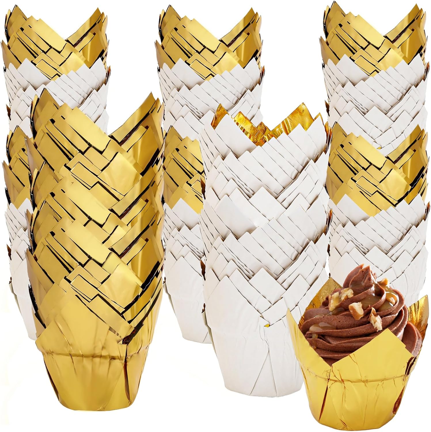 Whaline 200Pcs Tulip Cupcake Liners Aluminum Foil Paper Baking Cups Disposable Cupcake Wrappers Greaseproof Muffin Baking Liners for Graduation Christmas New Year Wedding Baby Shower Birthday Party
