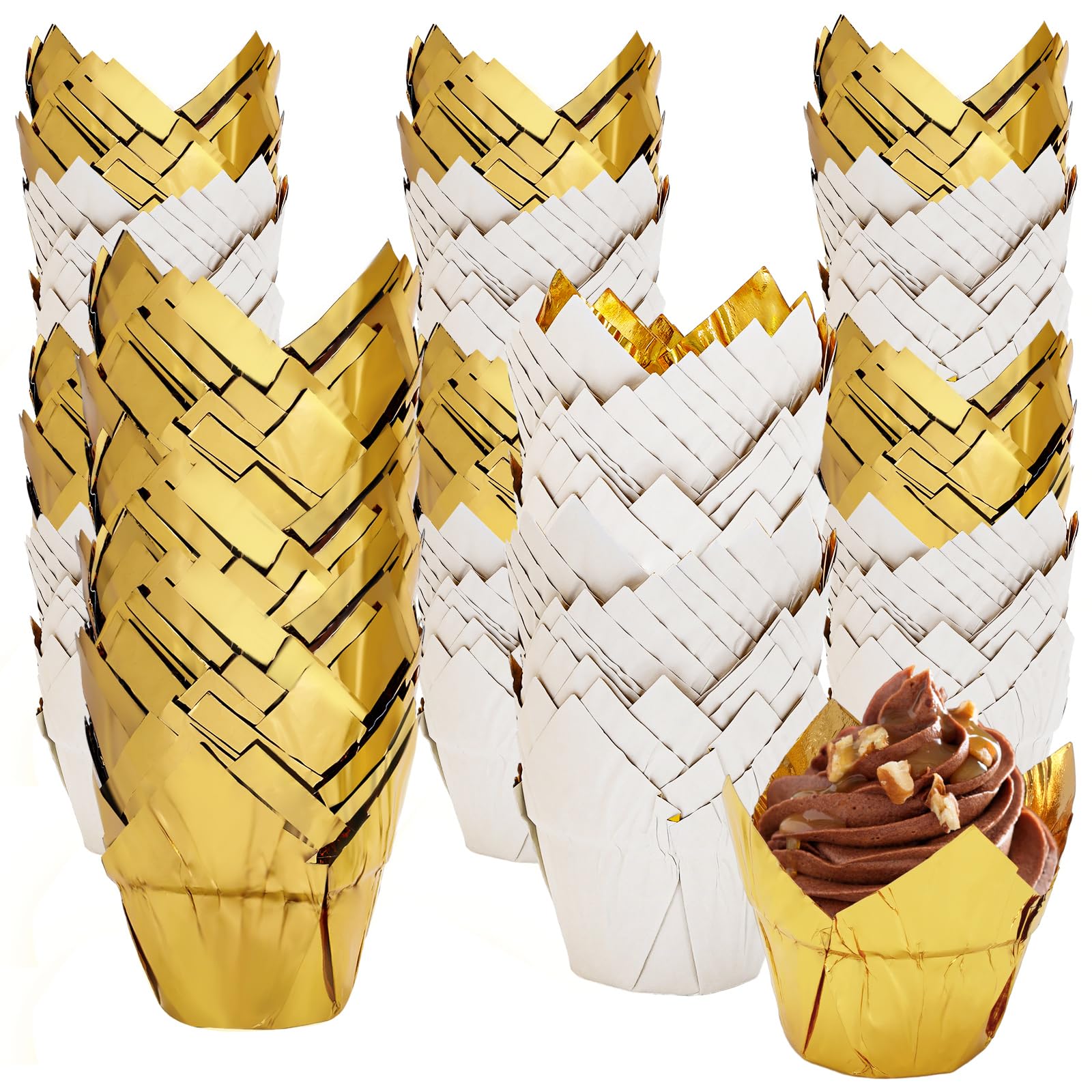 Forros de tulipán para cupcakes Whaline, 200 cápsulas de aluminio dorado para magdalenas y dulces