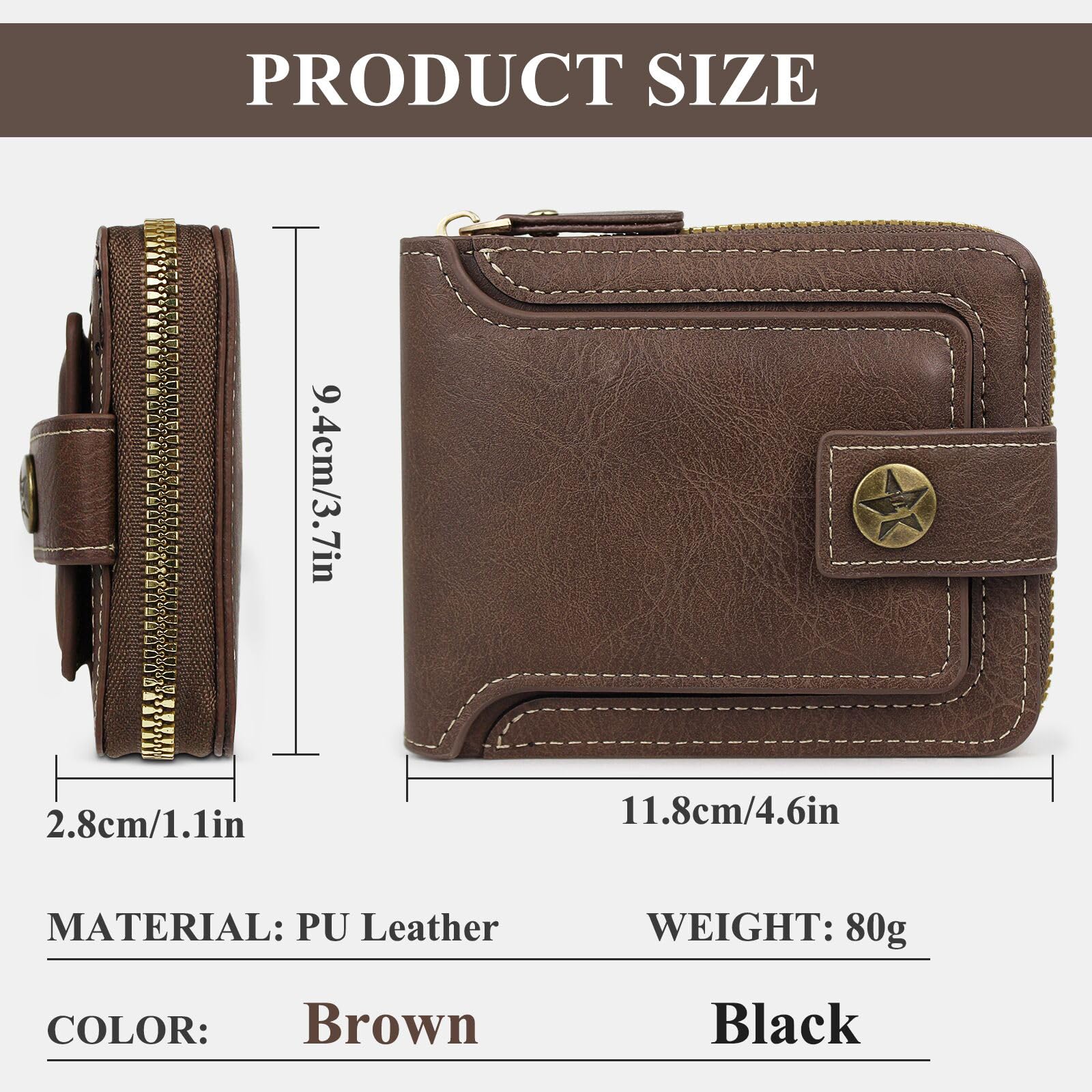 AdiStylinno Men Wallet, Vintage PU Leather Multi-Card Zipper Wallet with 10 Card Slots and Zipper Pocket Large Capacity Buckle Credit Card Holder Wallet with Zipper (A, Black)