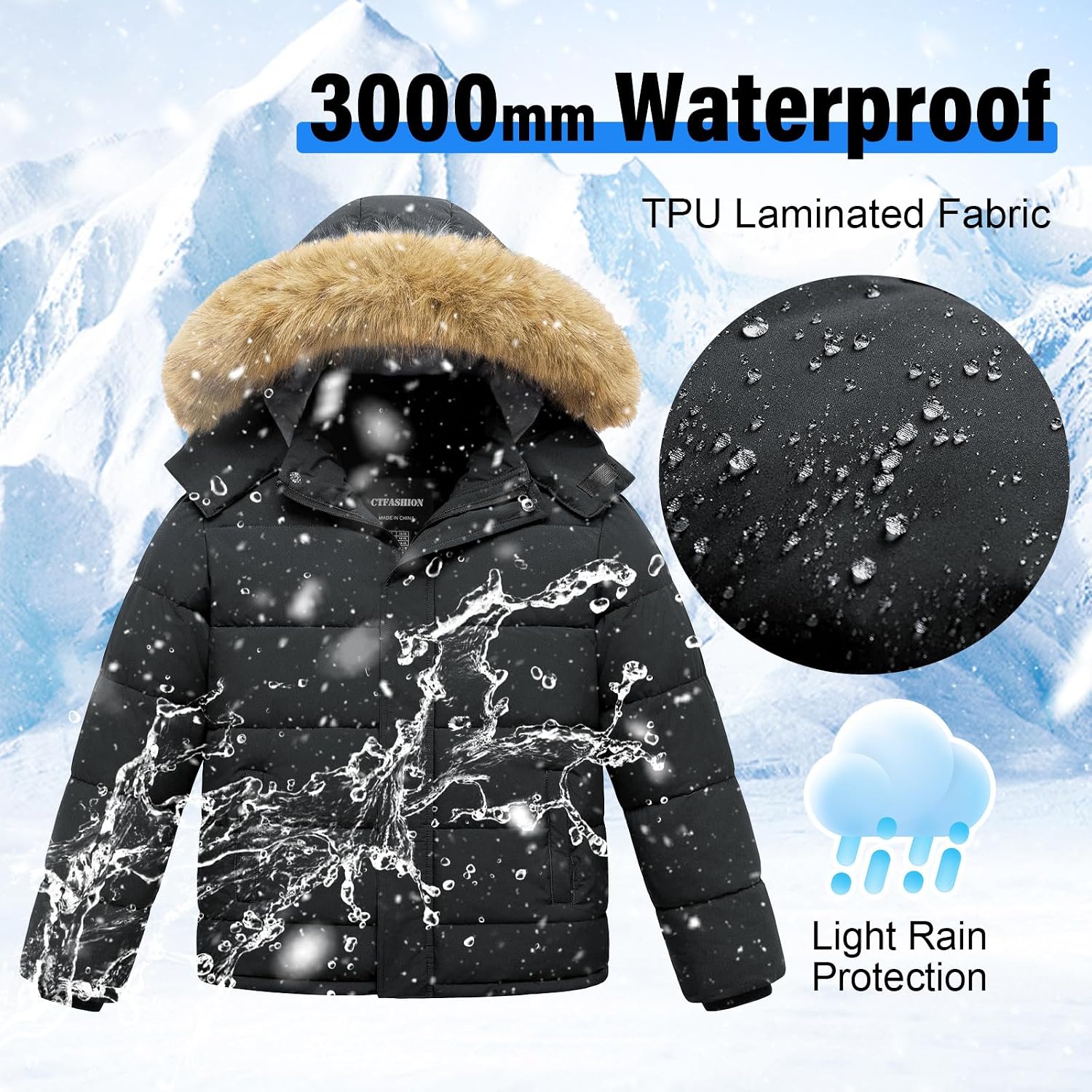 Boy's Winter Coat Kids Puffer Jacket Water Resistant Bubble Outerwear Fleece Heavyweight Parka with Fur Hood
