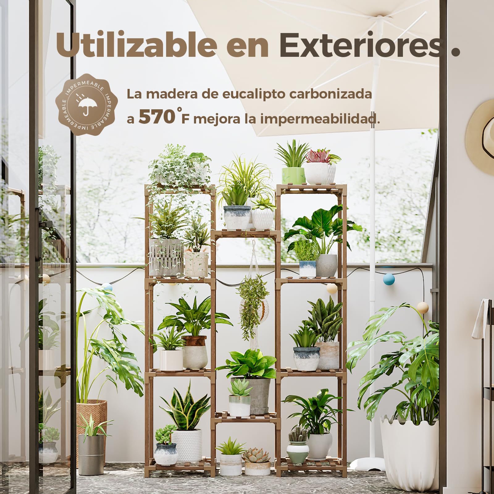 Bamworld Soporte para Plantas Estantería para Plantas de Exterior e Interior Estante para Colgar Varias Plantas, Jardinera Alta de Madera para Salón, Patio, Balcón, Jardín, Marrón