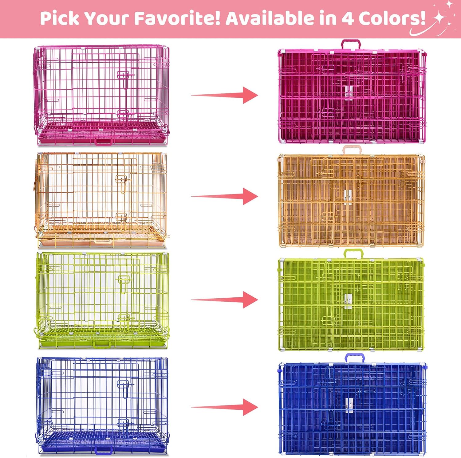 Pink Dog Crate, 30 Inch Dog Cage Medium Sized Dog, Foldable Small Dog Kennel Indoor/Outdoor, Metal Wire Cute Crate with Removable Floor Grid Tray, Double Doors Dual Locks, Carrying Handle