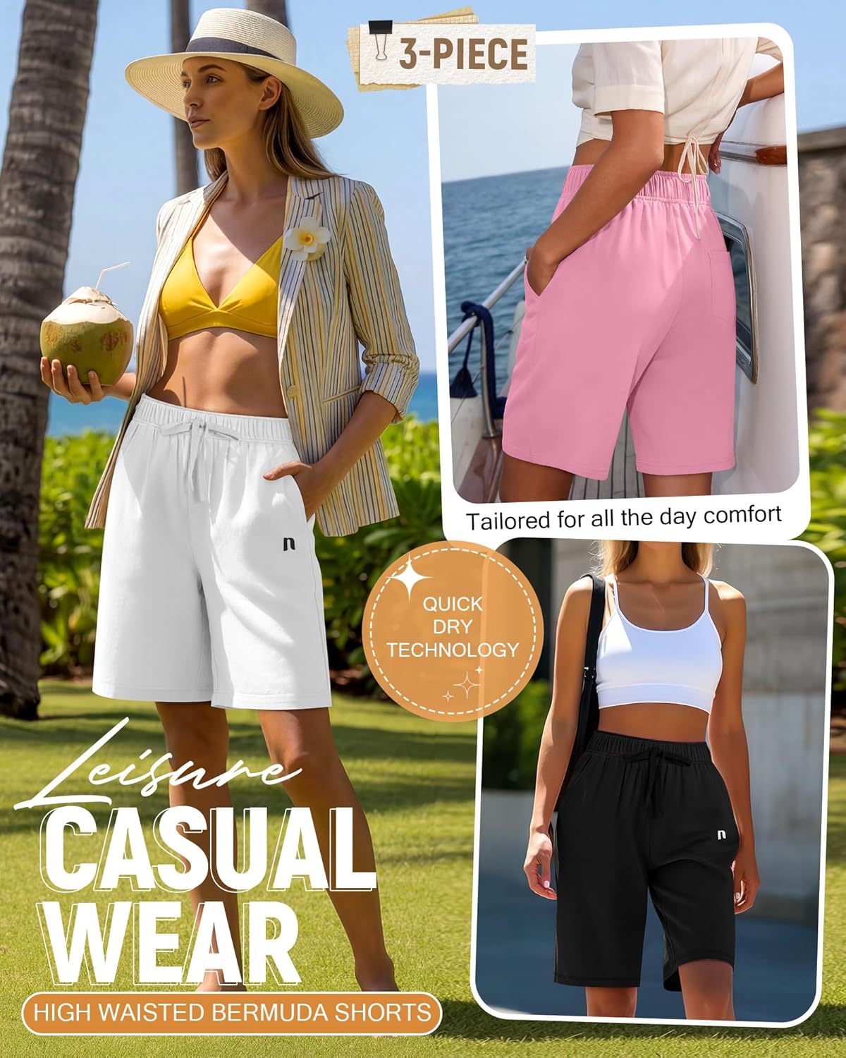 Neer 3 Pack Women's Quick Dry Shorts Women Drawstring High Waisted Bermuda Athletic Shorts with Pockets - Image 3