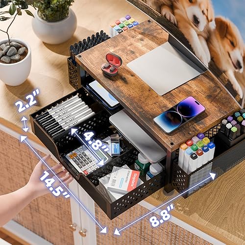 Miniatura 3 de Simple Trending Soporte elevador para monitor de 2 niveles, organizador de escritorio de computadora de madera con cajón y soporte para bolígrafo