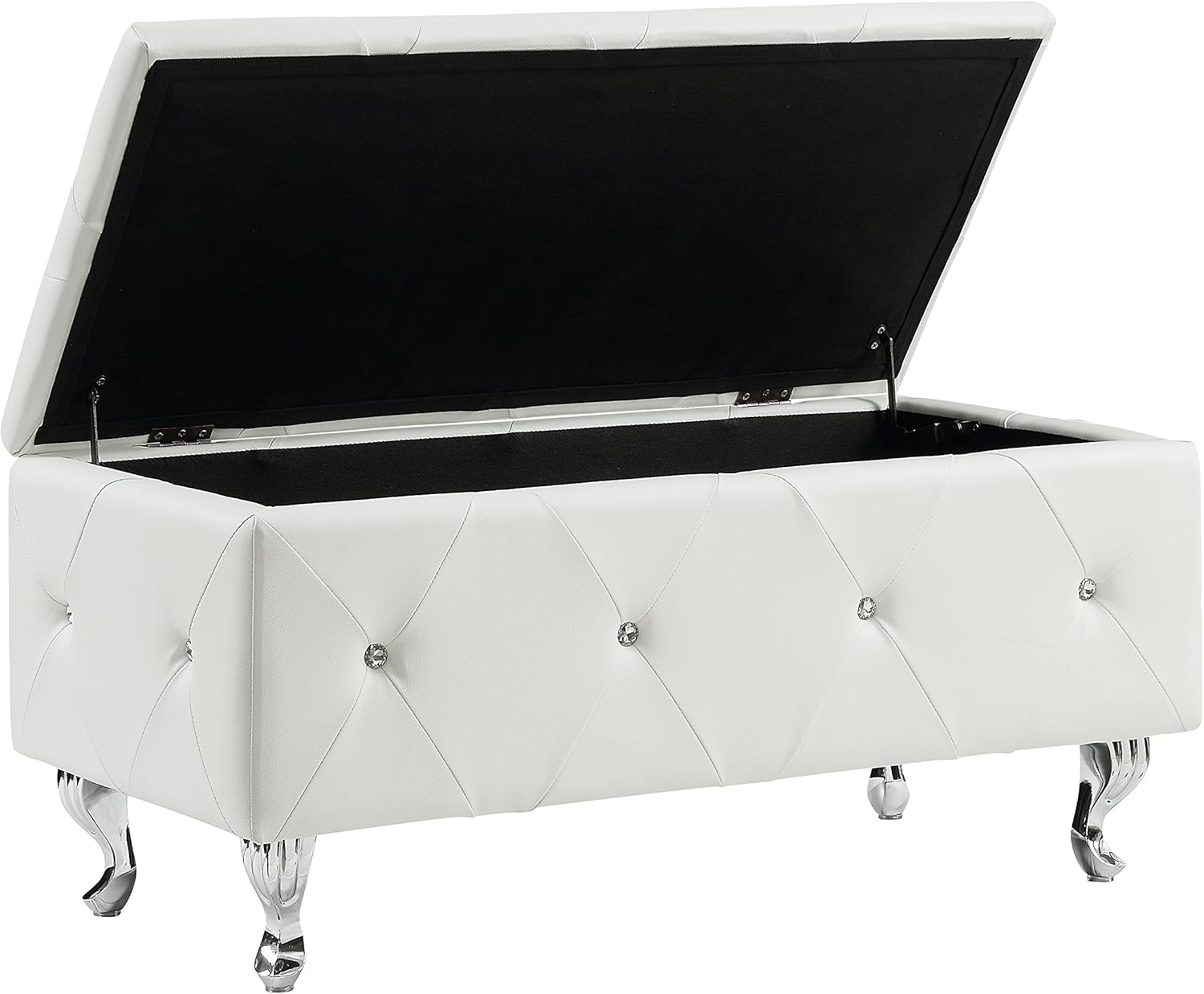 AC Pacific Glam Ultra Modern Leather Bonded Upholstered Storage Bench with Tufting and Crystal Leg Finish, White,AC-BED16-WHT-BENCH