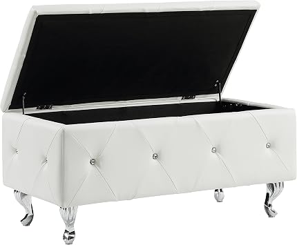 AC Pacific Glam Ultra Modern Leather Bonded Upholstered Storage Bench with Tufting and Crystal Leg Finish, White,AC-BED16-WHT-BENCH