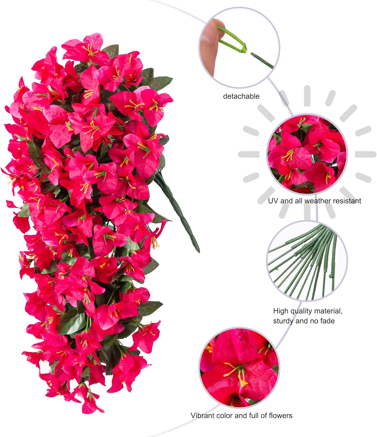 HyeFlora Bougainvillea Artificial Hanging Flowers Plants for Outdoors Decoration, 2pcs Fake Flowers Silk Bougainvillea Vines Realistic UV Resistant Faux Flowers for Planters Porch Patio Urn, Hot Pink - Image 7