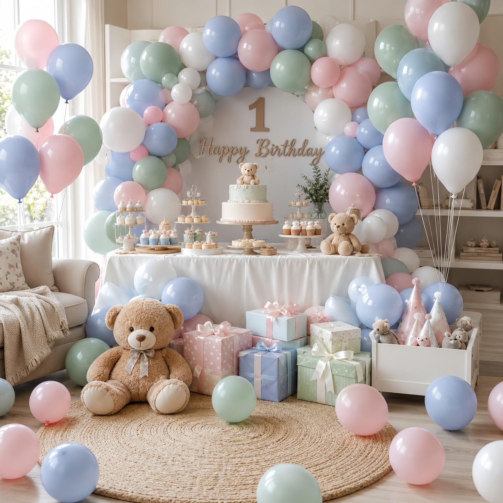 Pastelowe niebieskie zielone różowe białe balony, stonowane tęczowe zakurzone różowe niebieskie szałwiowe zielone białe lateksowe kolorowe balony na ślub boho urodziny baby shower ujawnienie płci las