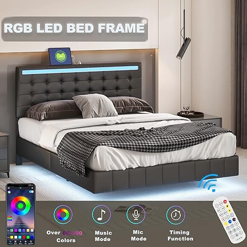 Miniatura 3 de P PURLOVE Marco de cama moderno de tamaño Queen con luces LED, plataforma tapizada LED flotante con carga USB, marco de cama inteligente con luces