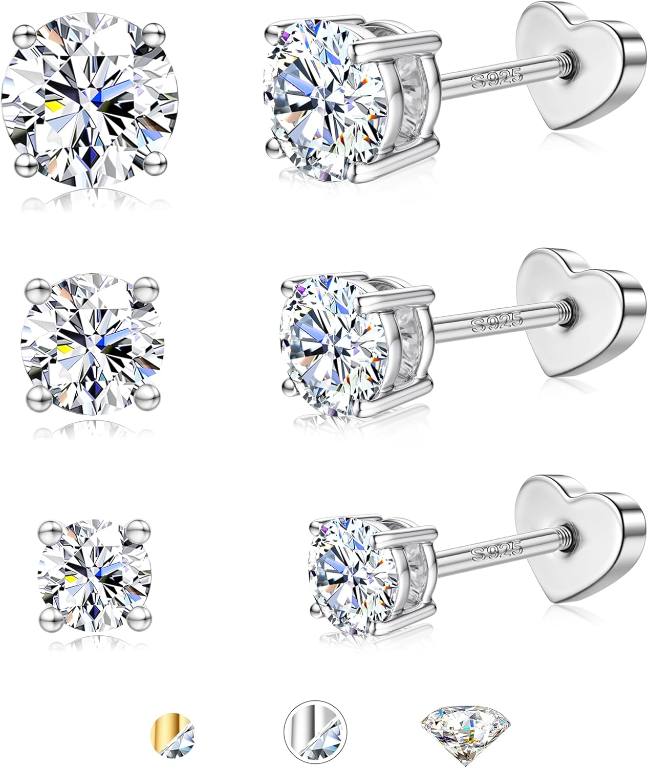 Moissanite Earrings Studs - S925 Sterling Silver Post Flat Back Earrings for Women Men Double Sided Star Heart Cartilage Earring Stacks Helix Piercing D Color VVS1 1.8 CT Moissanite Jewelry Gift