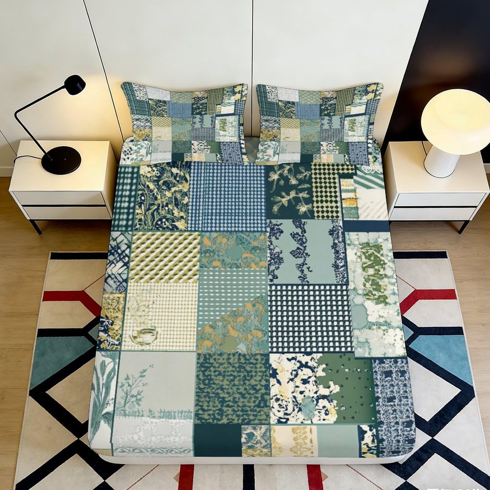 3D Printed Patchwork Botanical Fitted Sheet Microfiber Soft Decor Geometric Mattress Cover for Bedroom Guest Room 90x200x25cm