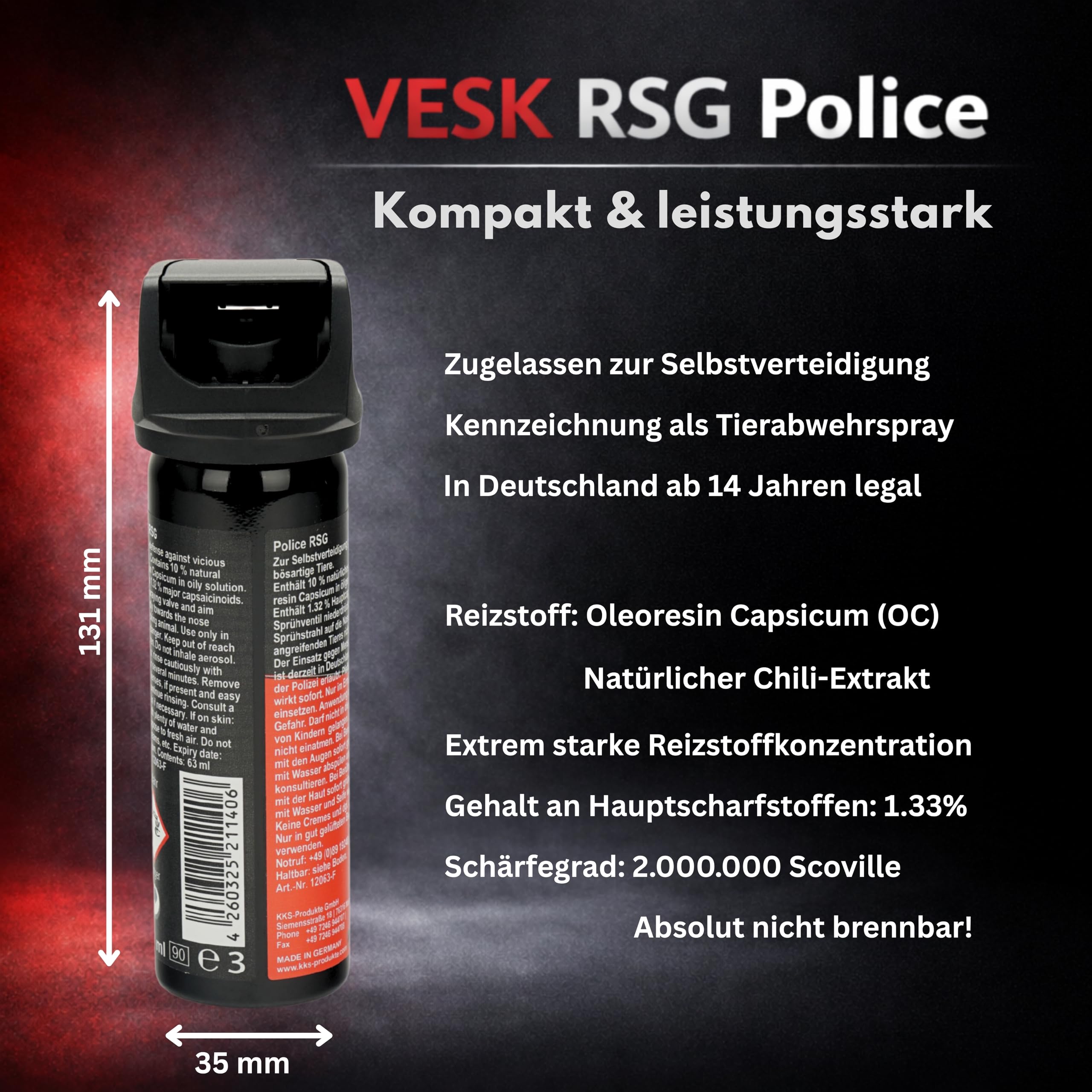Pfefferspray Pfefferschaum VESK Police RSG Foam Schaum 63 ml Sprühkopf mit Federdeckelkappe Tierabwehrspray zur Selbstverteidigung