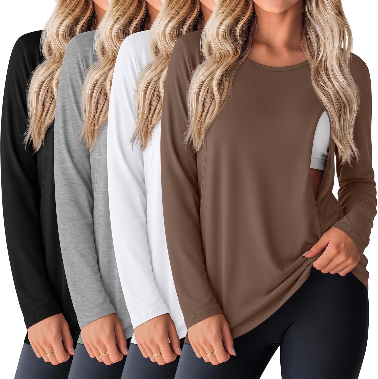 Oakgarden 4 Pack Women's Cotton Nursing Tops Breastfeeding Maternity Hidden Zippers Crew Neck Long Sleeve Pregnancy Shirts