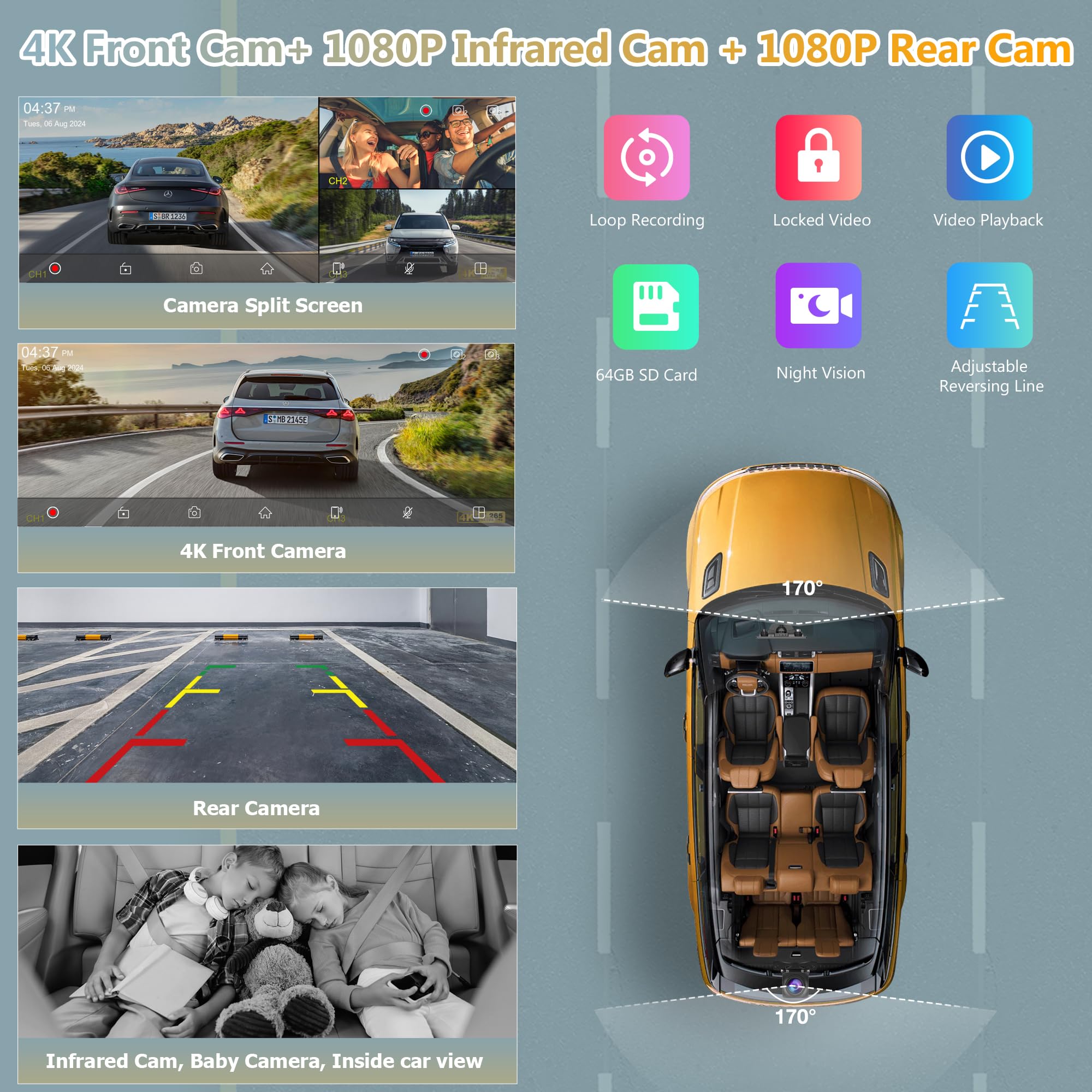 Carpuride W903S przenośny bezprzewodowy Carplay i Android Auto z ekranem IPS Dash Cam-HD, przednia kamera 4K + tylna 1080P + kamera na podczerwień 1080P, nagrywanie w pętli, Bluetooth, GPS