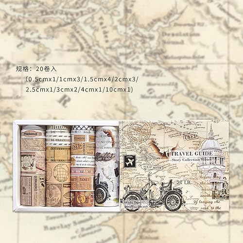 Miniatura 4 de Juego de 20 rollos de cinta Washi de 51015202530403.937 in de ancho, transporte, mapas, patrón de boletos, cinta adhesiva de lámina dorada para