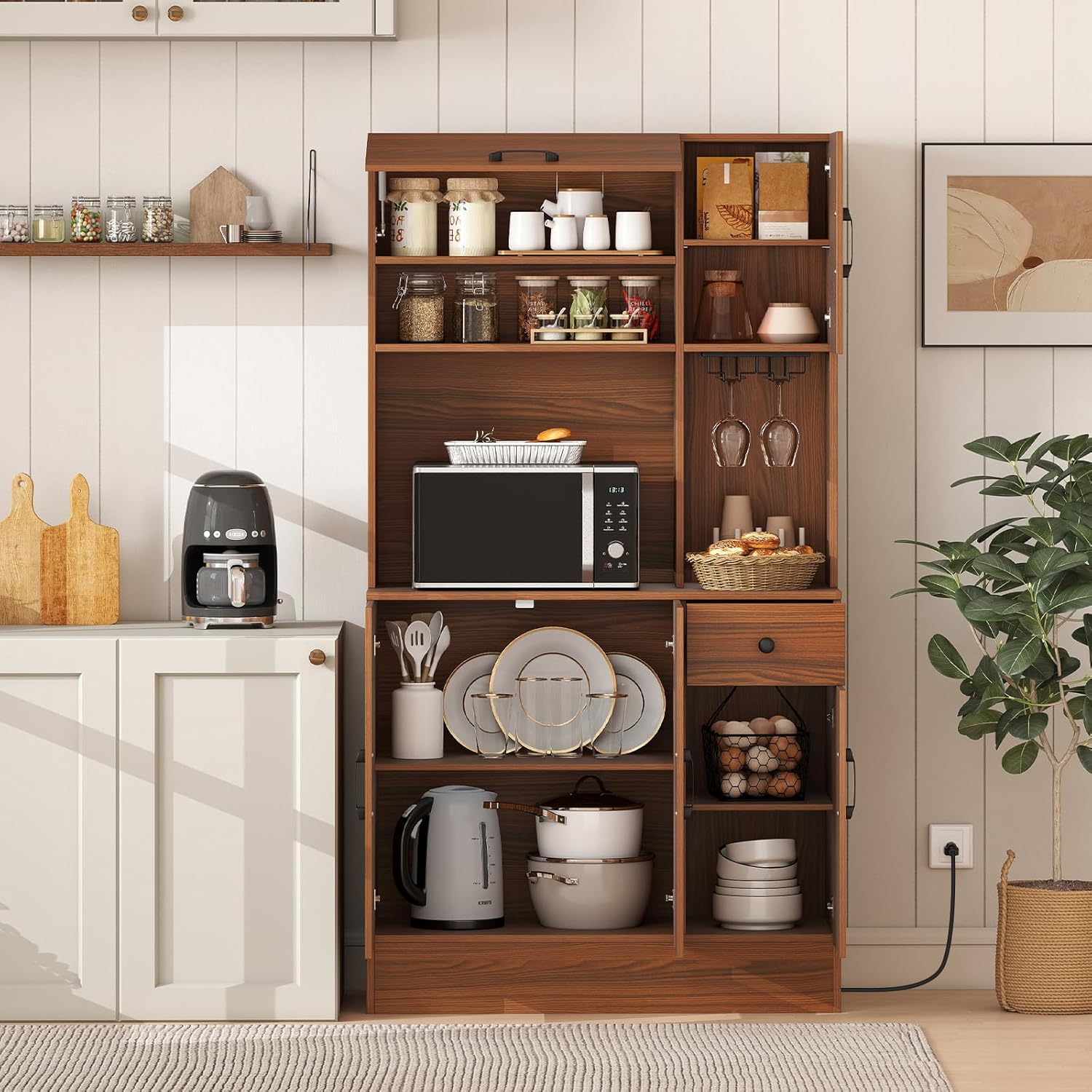 LOKO 66” Tall Pantry with Charging Station, Freestanding Storage Cabinet with Microwave Stand, Wine Glass Holder, Adjustable Shelves, Kitchen Hutch Cabinet for Living Room, Dining Room, Brown