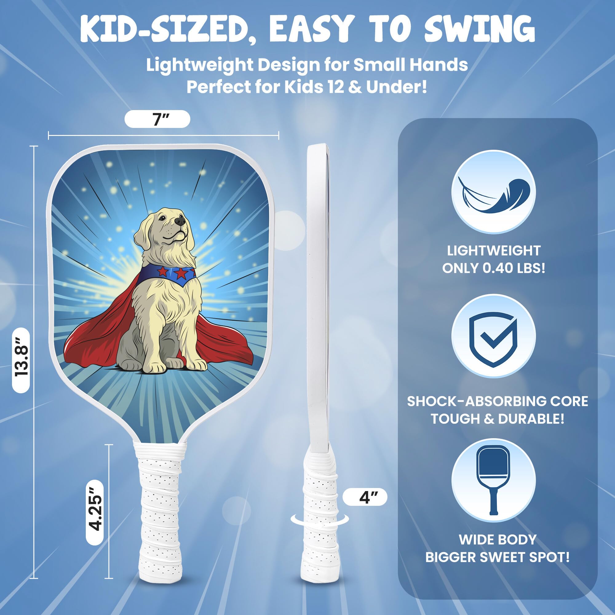 Kids Pickleball Paddle – Playful Dog Design | Lightweight Fiberglass for Toddlers & Kids Under 12 (Only 0.37 lbs) | Small Grip for Easy Handling | Junior Youth for Boys & Girls