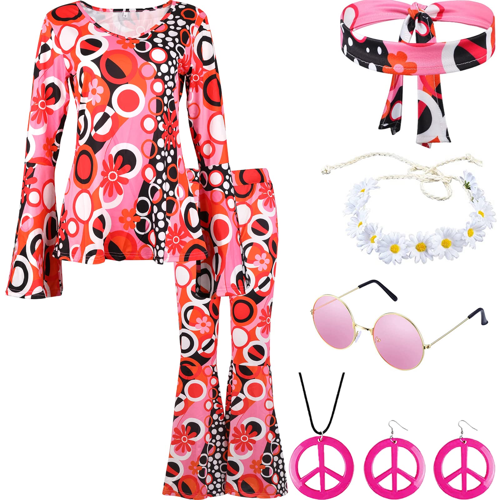 70s Hippie Clothes for Women - Flared Trousers & Accessories for 60s Hippy Fancy Dress - Disco Costume Outfit for 1960s 1970s Theme (XL)